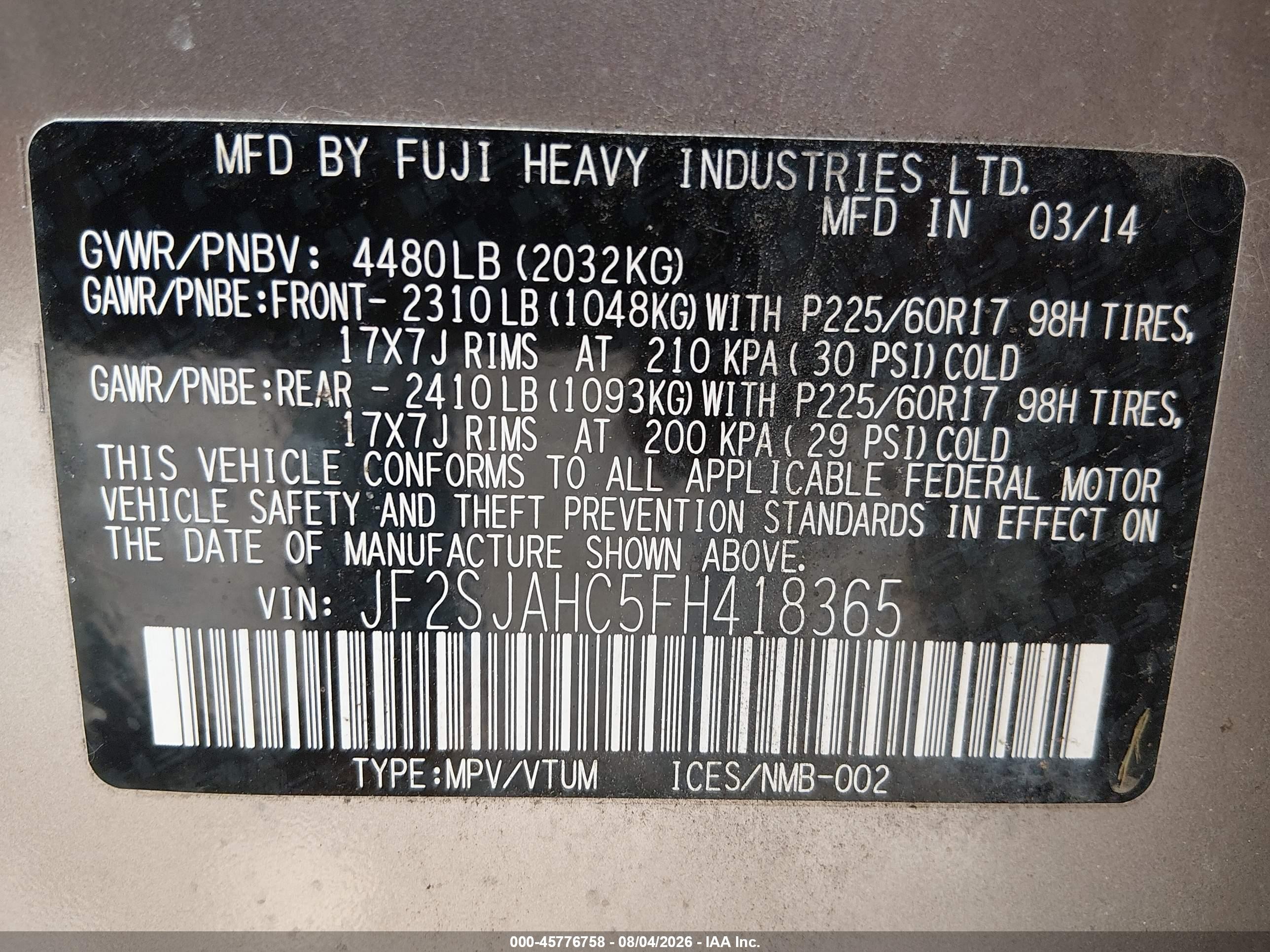 2015 Subaru Forester 2.5i Limited Tan vin: JF2SJAHC5FH418365