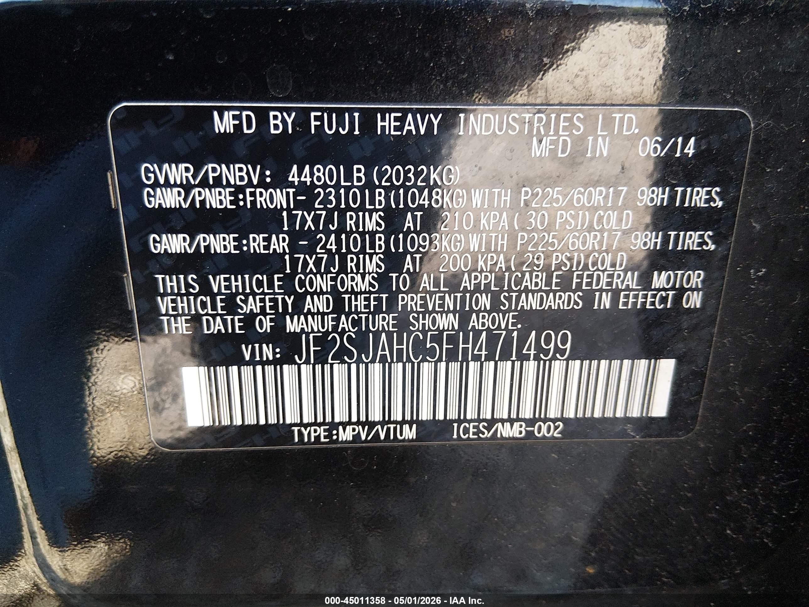2015 Subaru Forester 2.5i Limited Черный vin: JF2SJAHC5FH471499