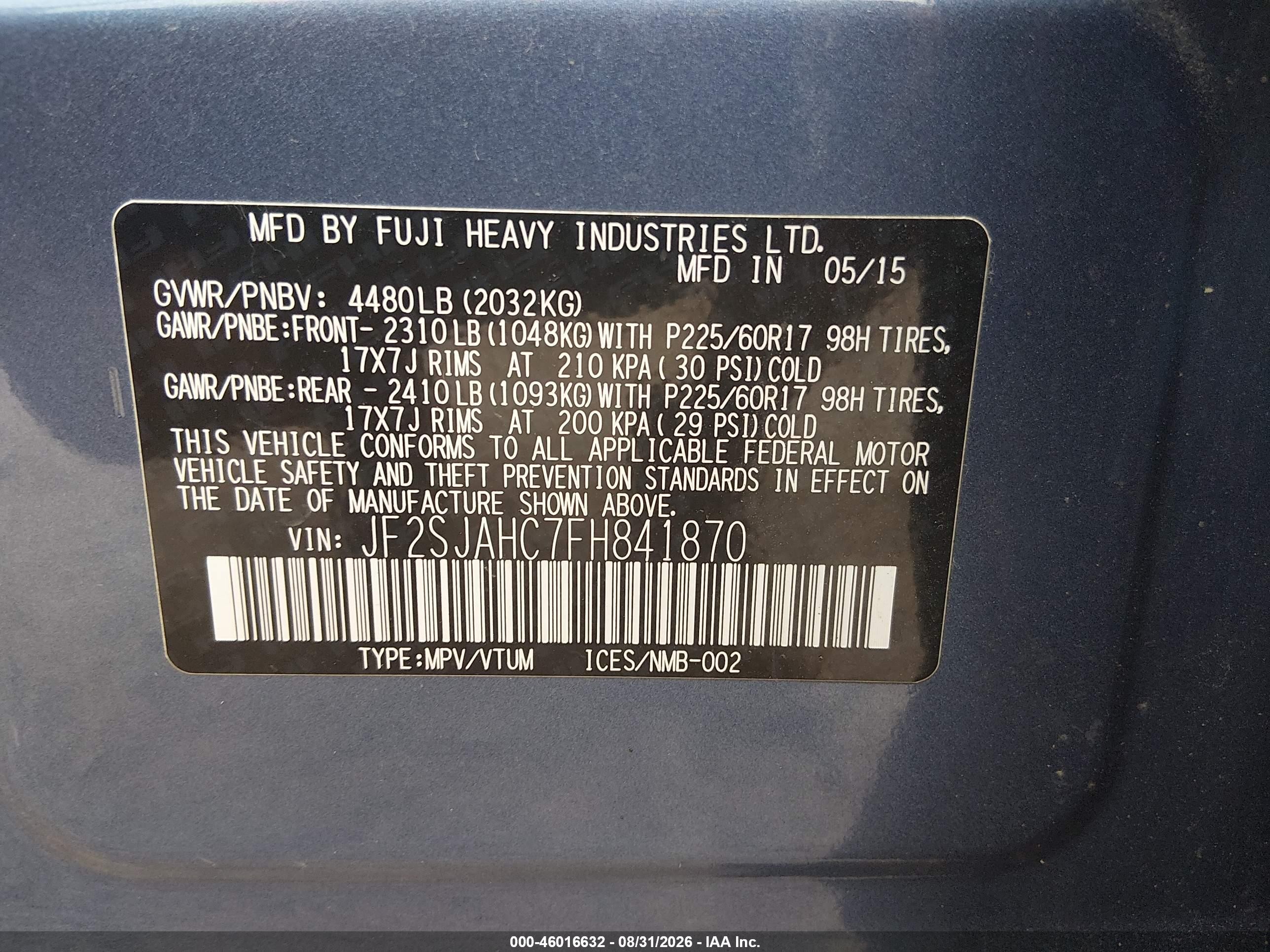 2015 Subaru Forester 2.5i Limited Light Blue vin: JF2SJAHC7FH841870