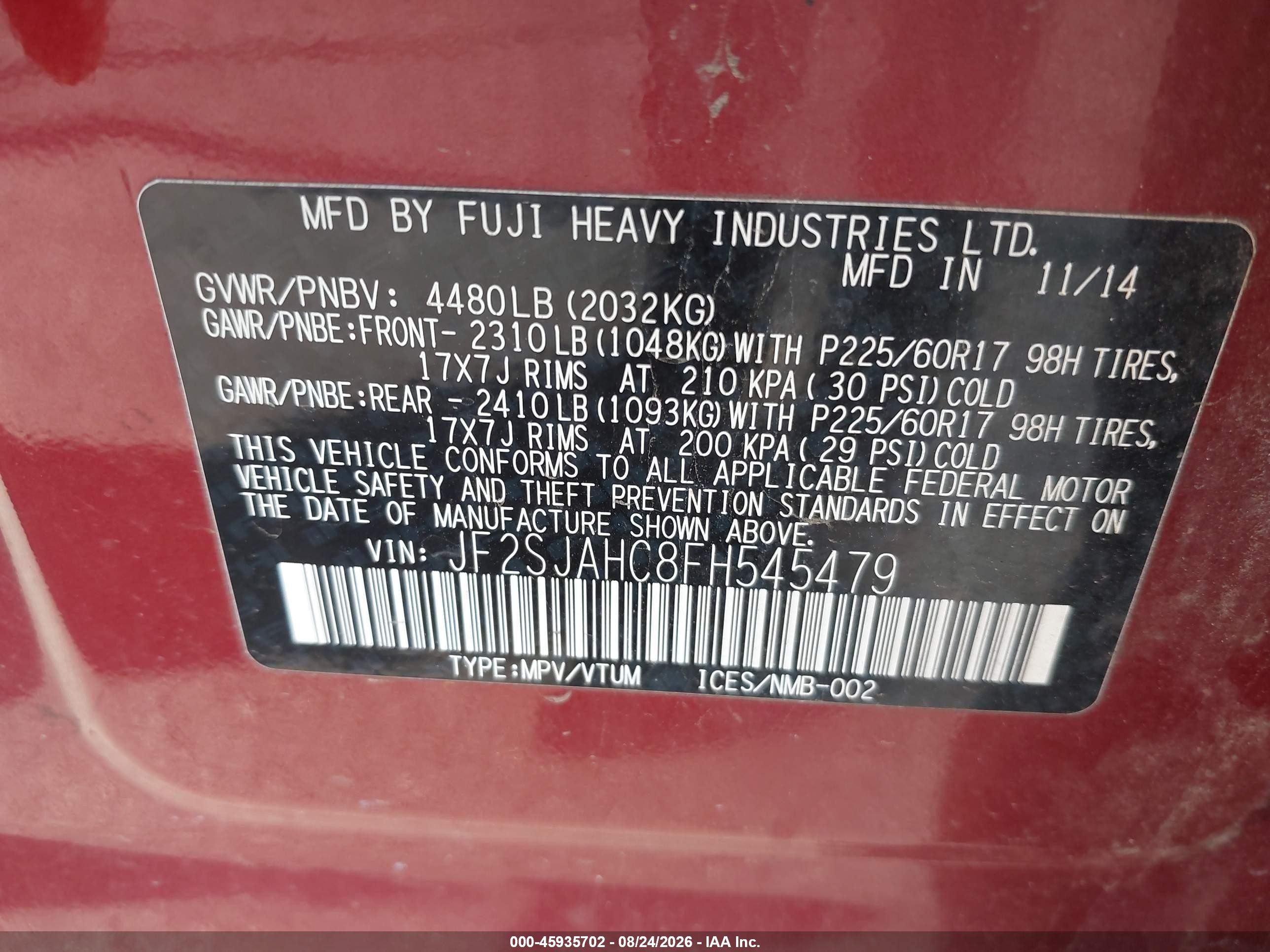 2015 Subaru Forester 2.5i Limited Красный vin: JF2SJAHC8FH545479