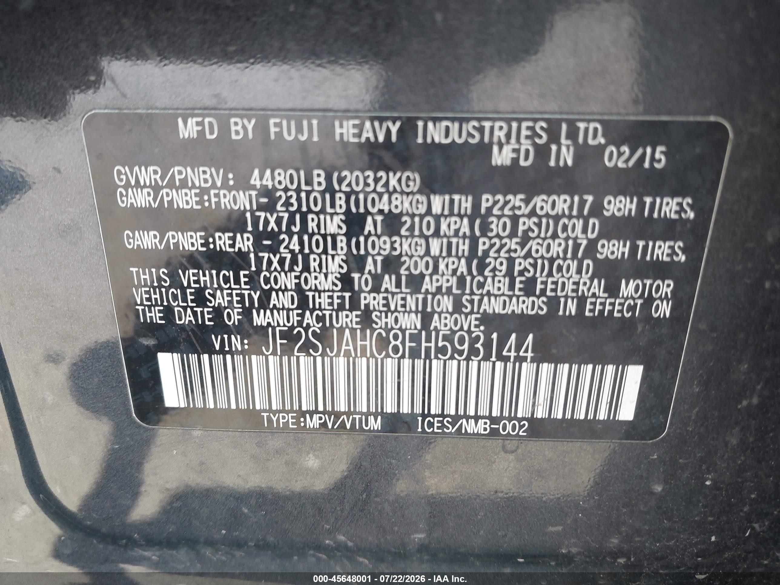 2015 Subaru Forester 2.5i Limited Black vin: JF2SJAHC8FH593144