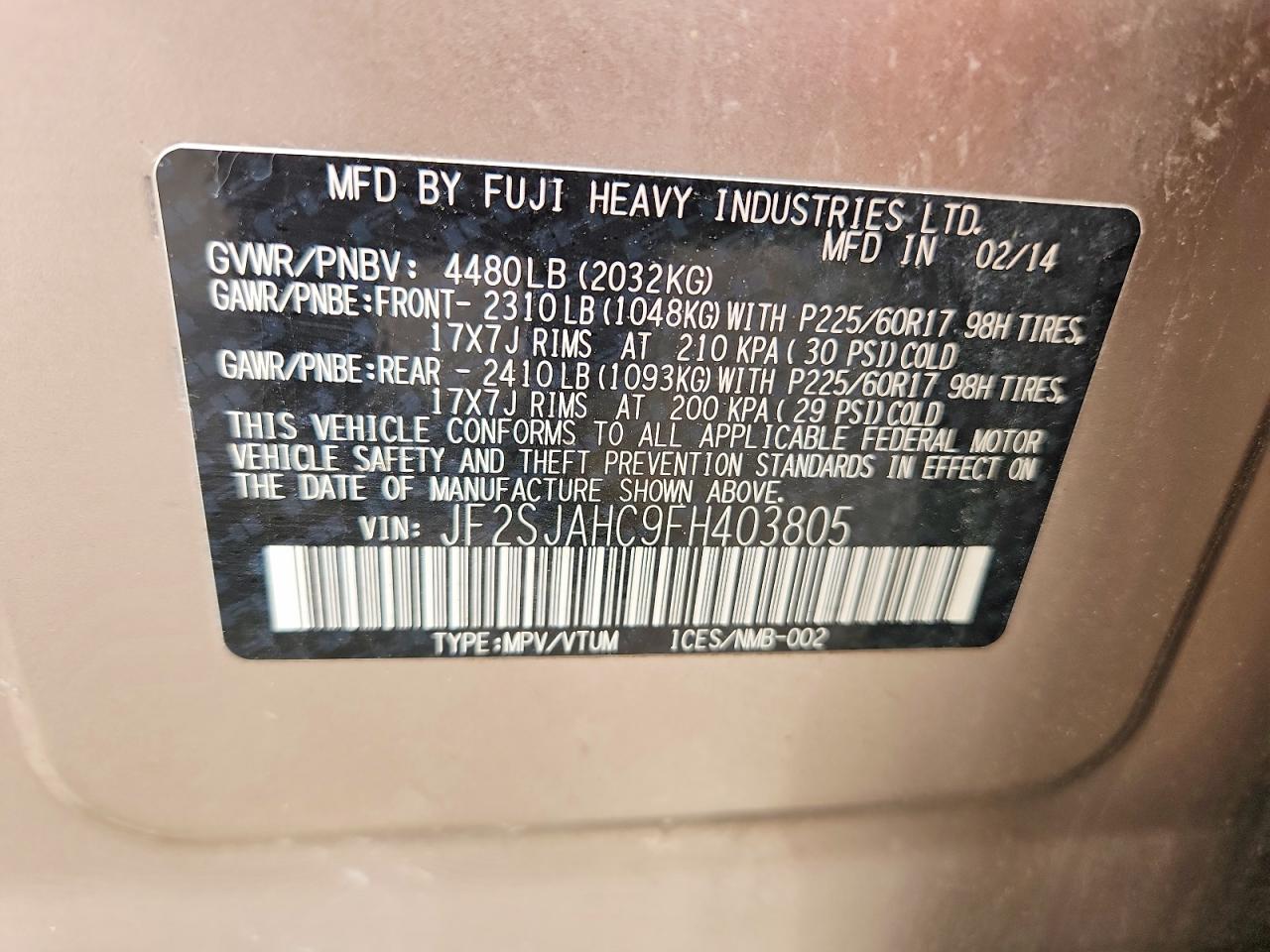 2015 Subaru Forester 2.5i Limited Tan vin: JF2SJAHC9FH403805