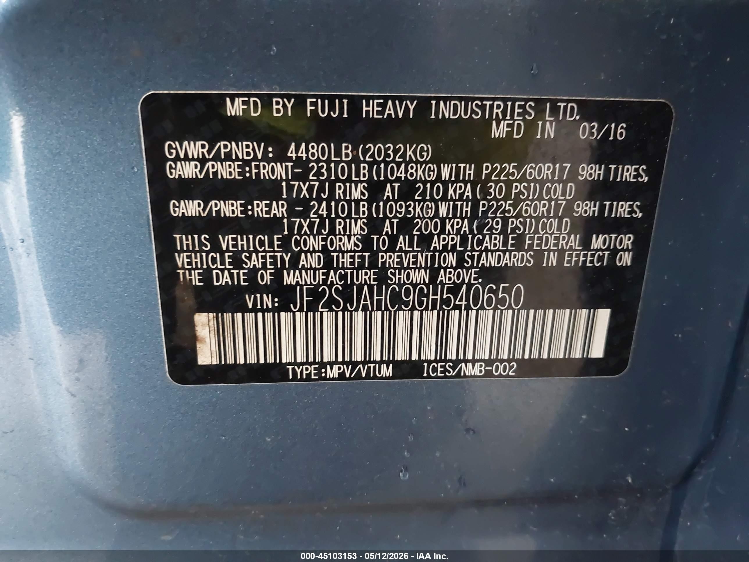 2016 Subaru Forester 2.5i Limited Blue vin: JF2SJAHC9GH540650