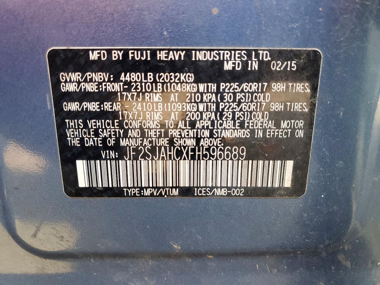 2015 Subaru Forester 2.5i Limited Blue vin: JF2SJAHCXFH596689
