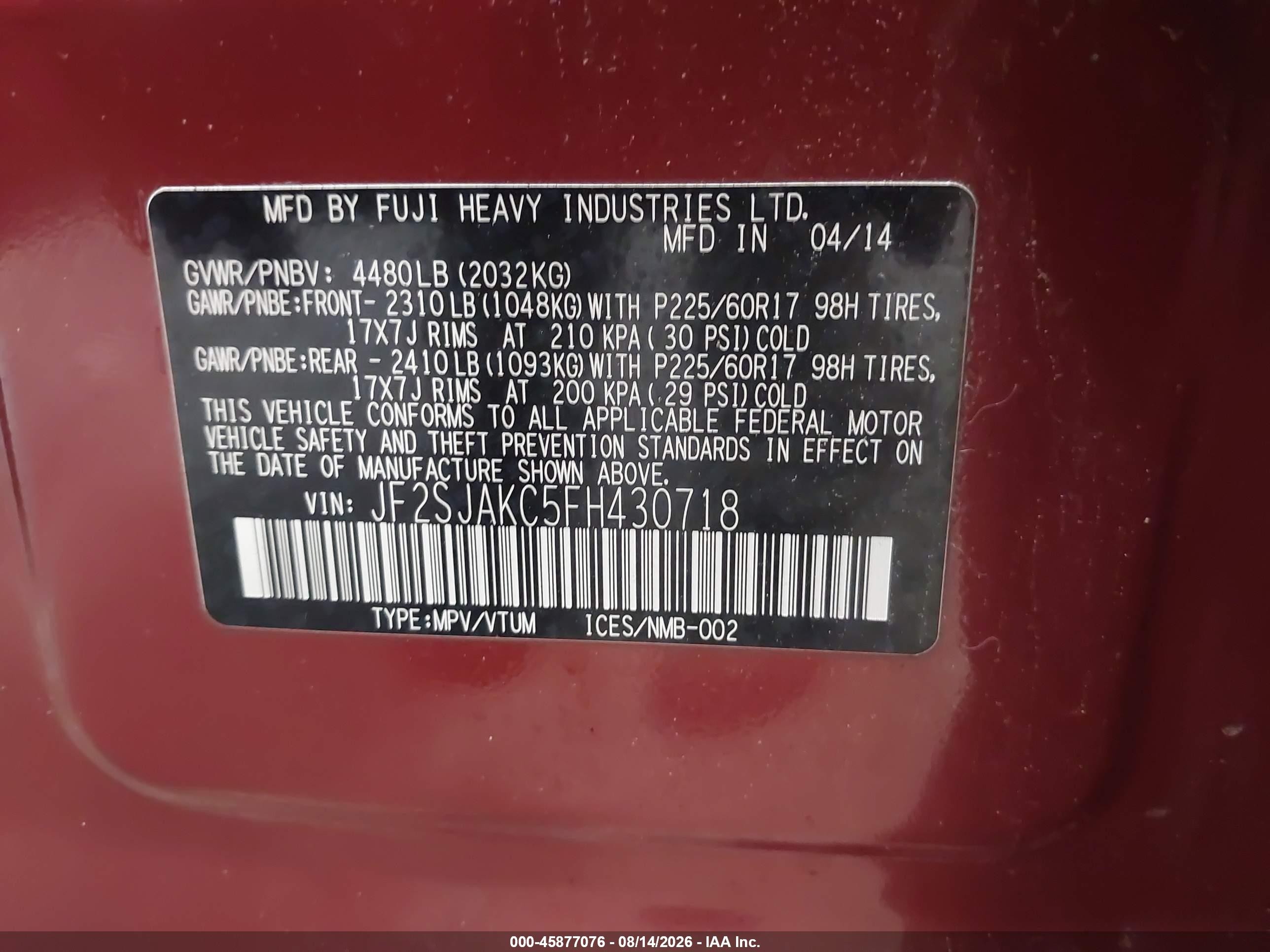2015 Subaru Forester 2.5i Limited Красный vin: JF2SJAKC5FH430718