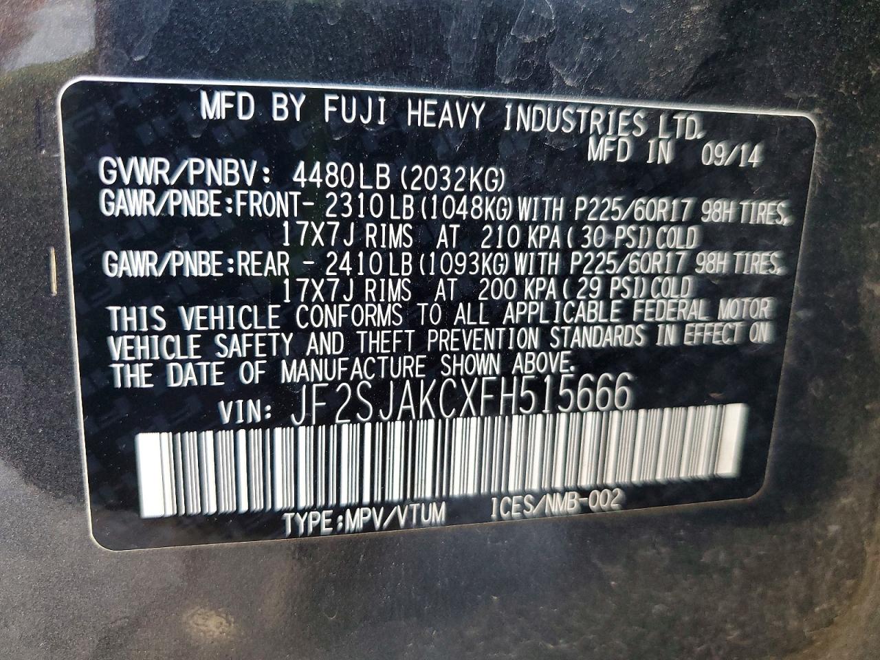 2015 Subaru Forester 2.5i Limited Charcoal vin: JF2SJAKCXFH515666