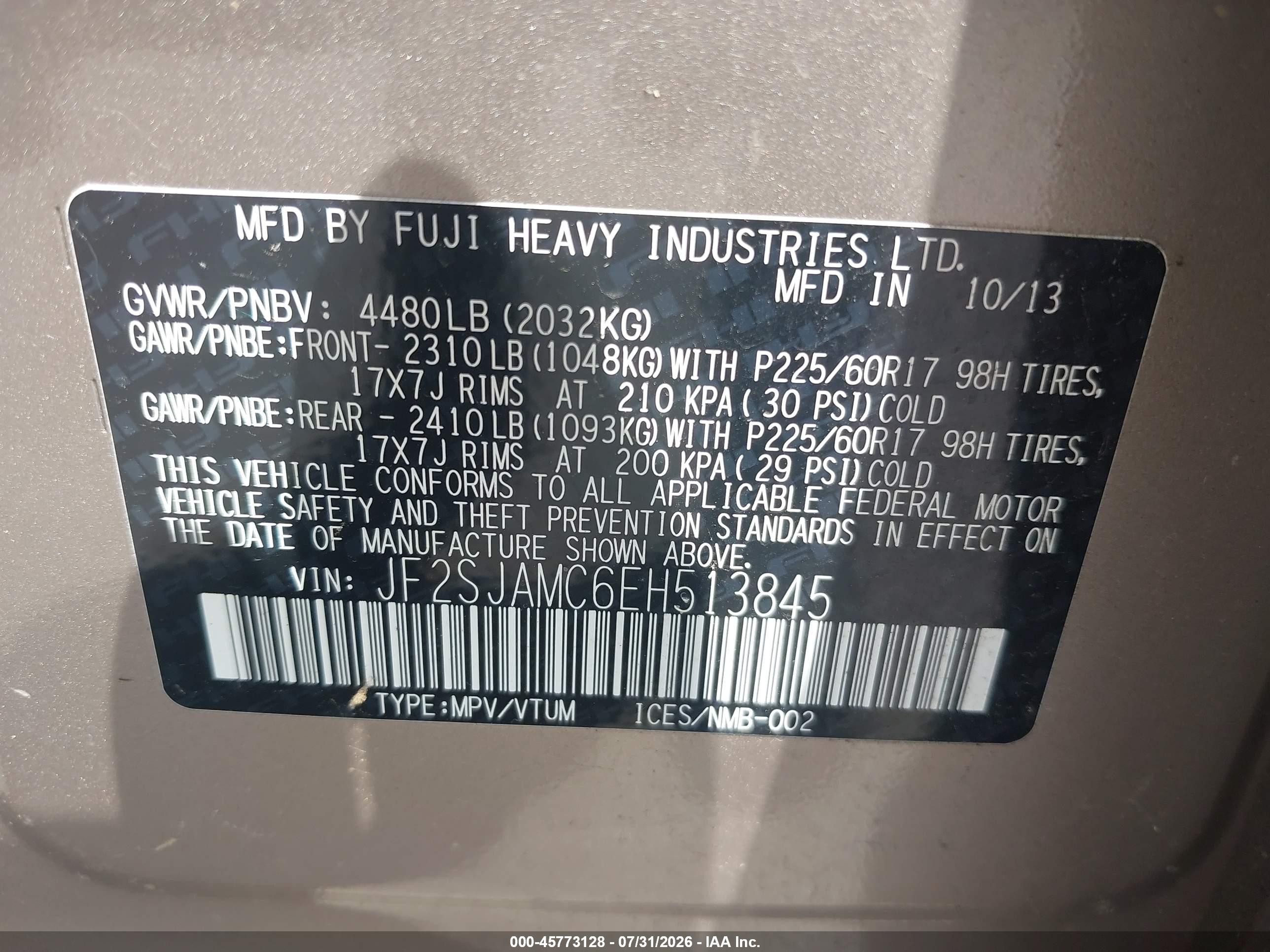 2014 Subaru Forester 2.5i Touring Champagne vin: JF2SJAMC6EH513845
