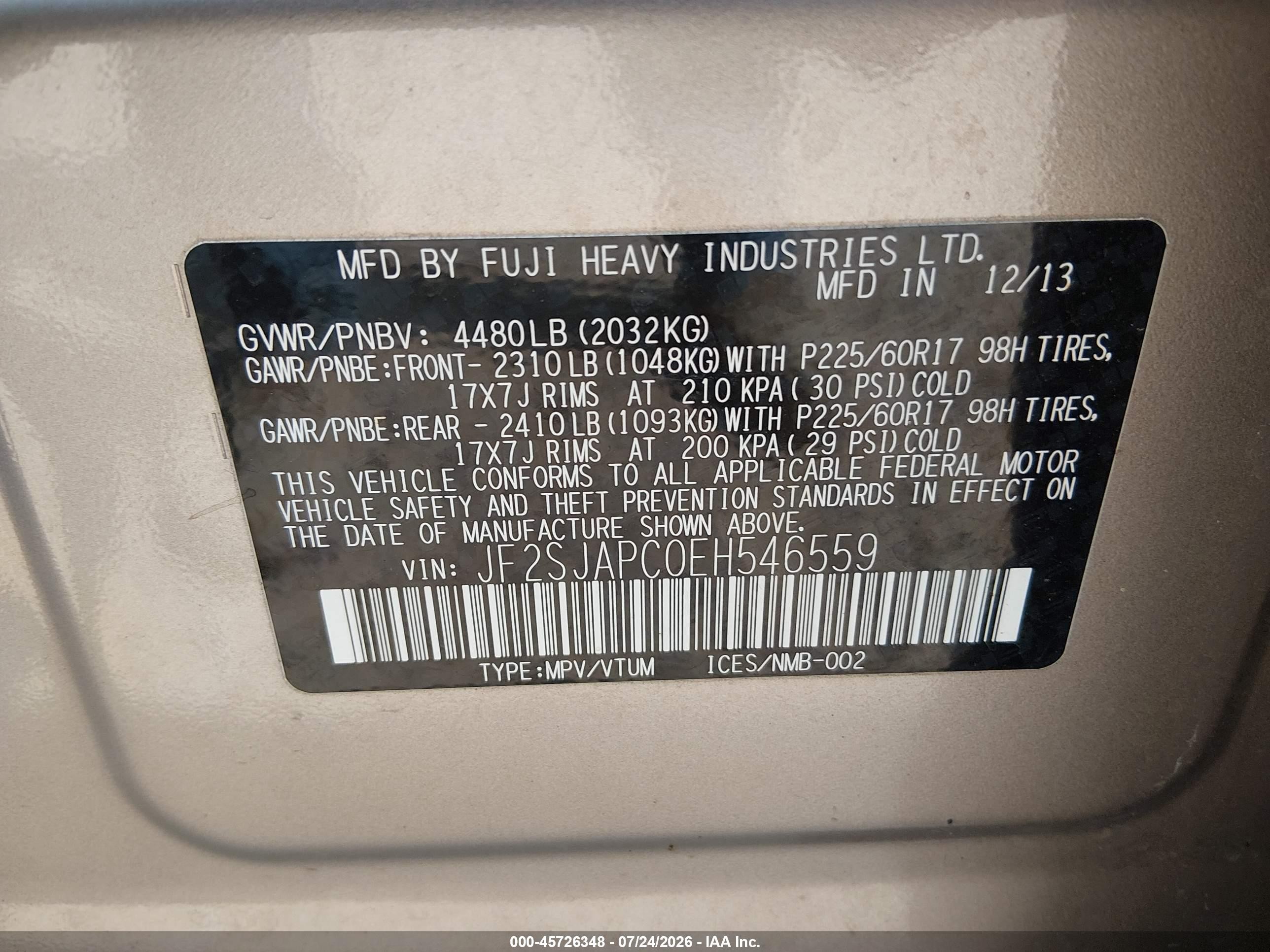 2014 Subaru Forester 2.5i Touring Champagne vin: JF2SJAPC0EH546559