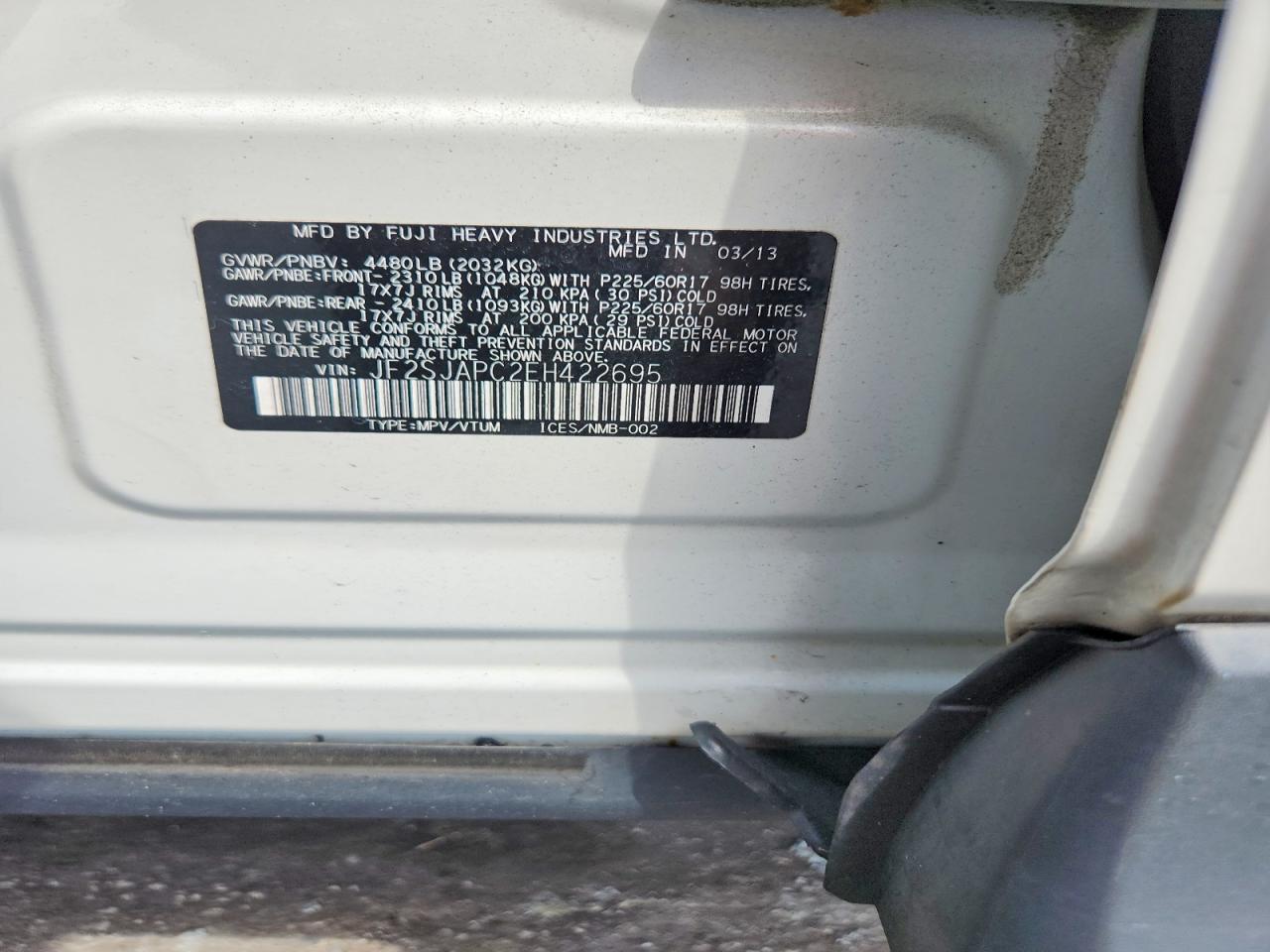 2014 Subaru Forester 2.5i Touring White vin: JF2SJAPC2EH422695