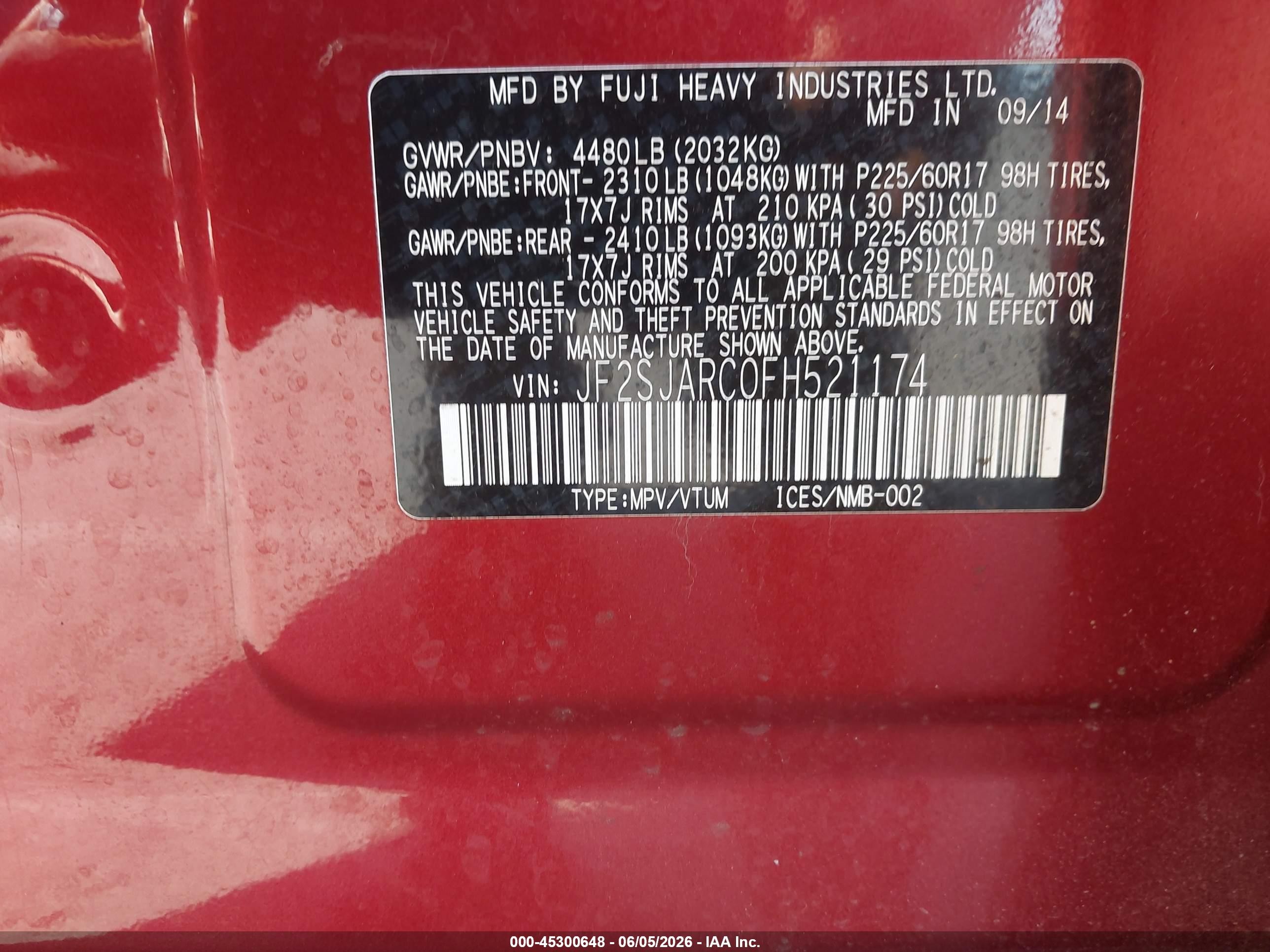 2015 Subaru Forester 2.5i Limited Red vin: JF2SJARC0FH521174