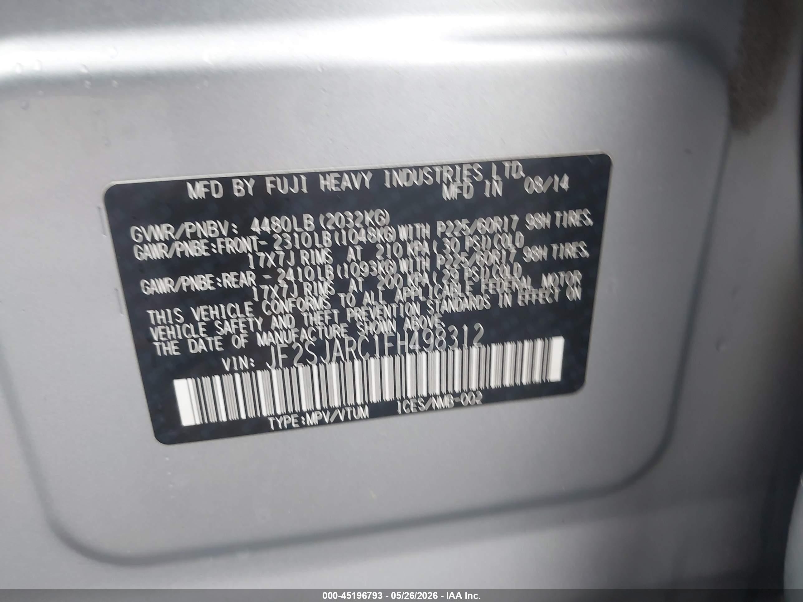 2015 Subaru Forester 2.5i Limited Серебряный vin: JF2SJARC1FH498312