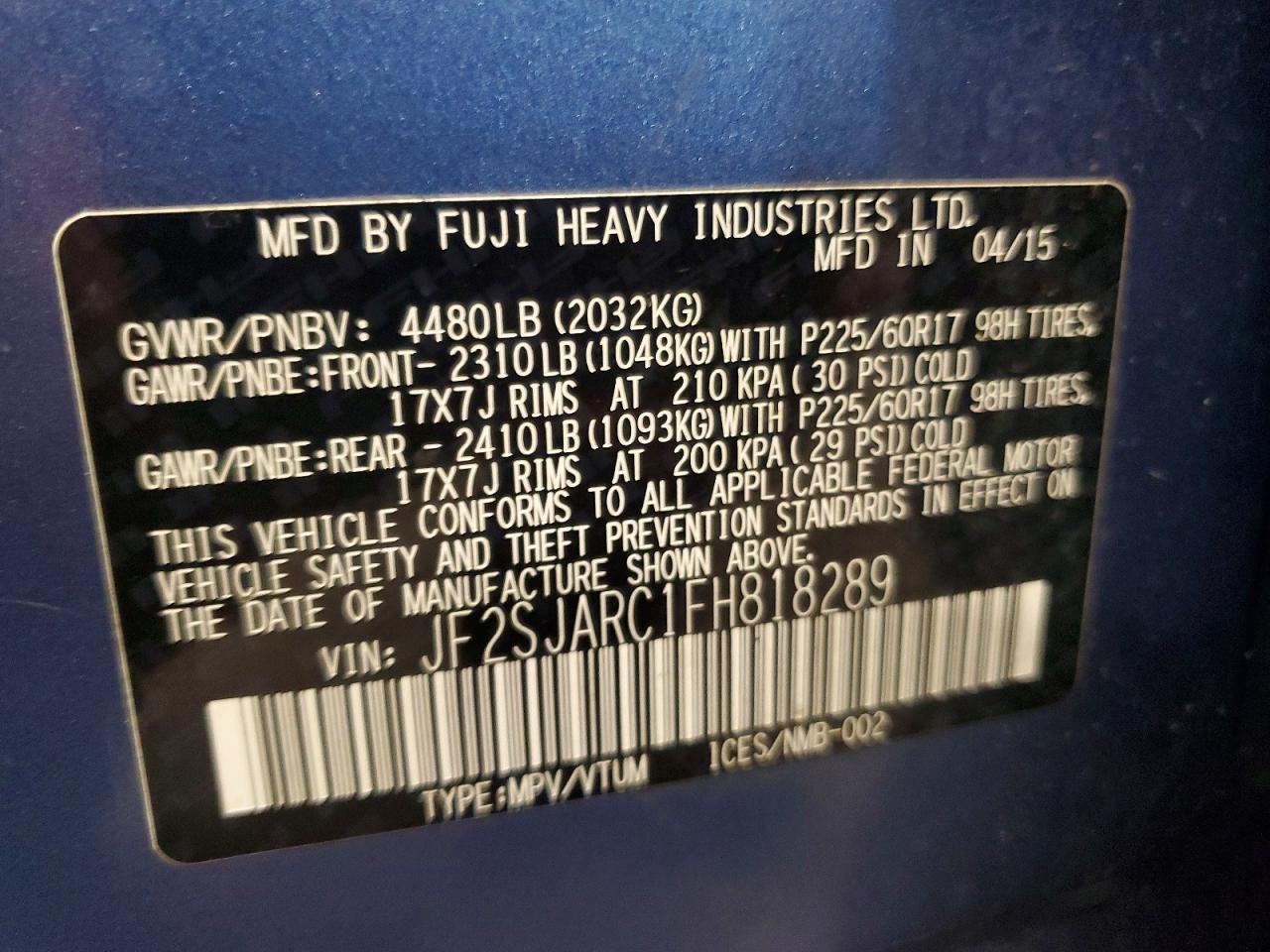 2015 Subaru Forester 2.5i Limited Blue vin: JF2SJARC1FH818289