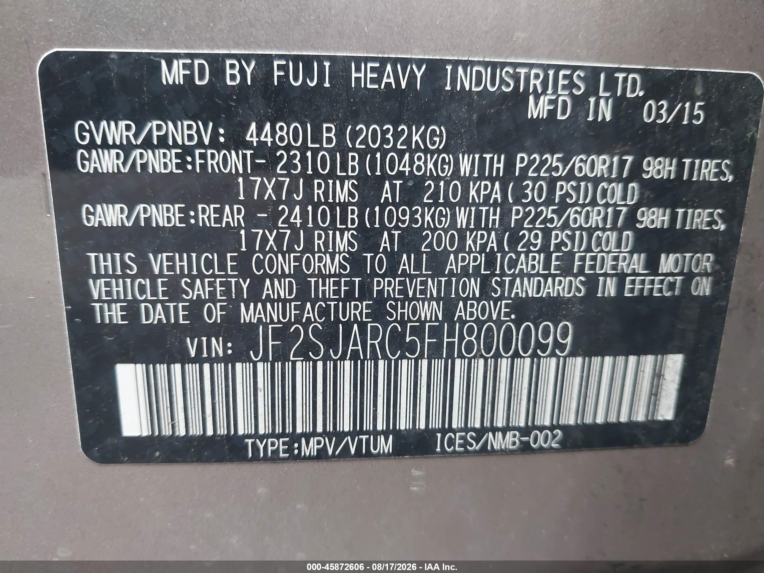 2015 Subaru Forester 2.5i Limited Бежевый vin: JF2SJARC5FH800099