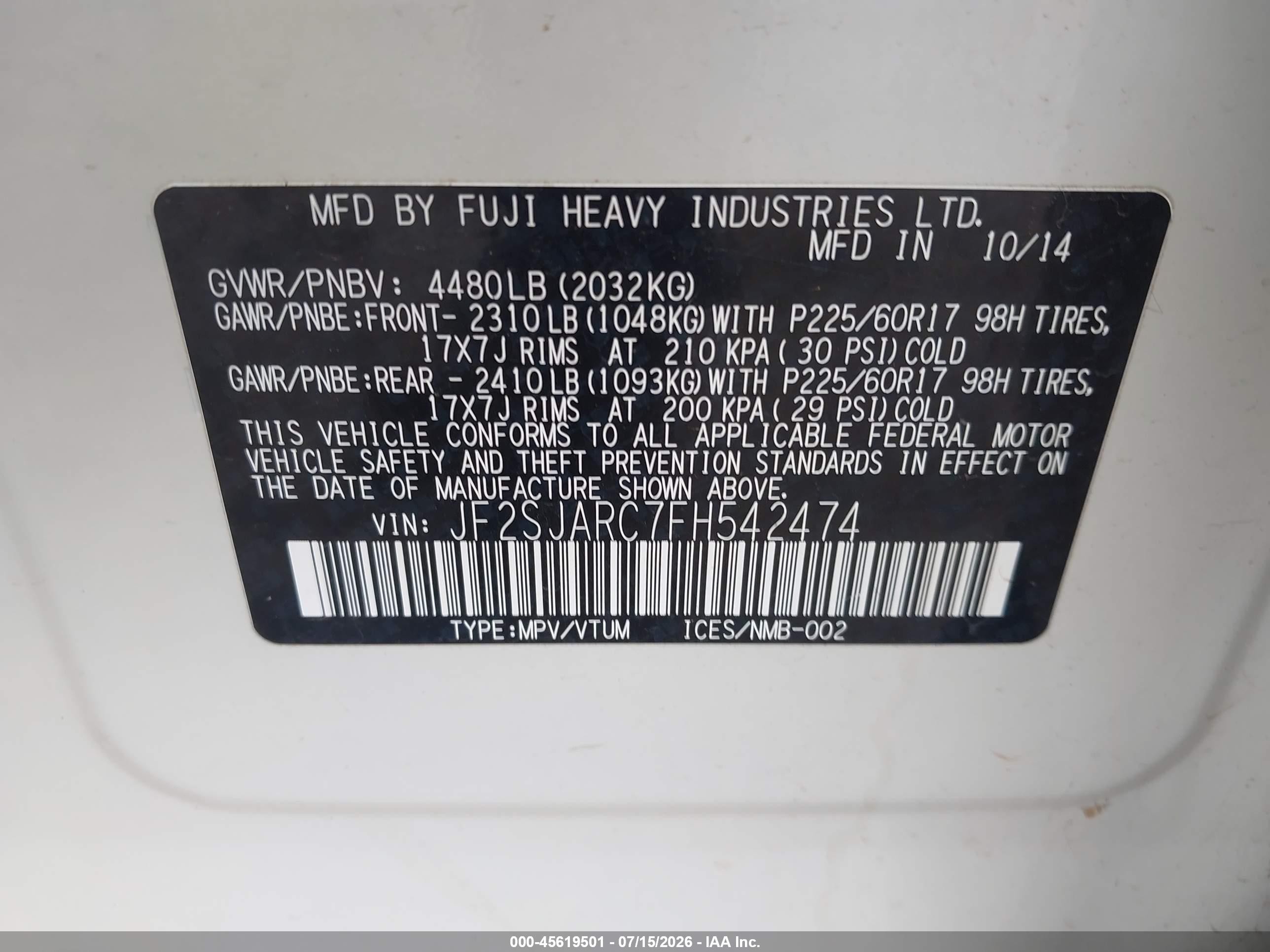 2015 Subaru Forester 2.5i Limited Белый vin: JF2SJARC7FH542474