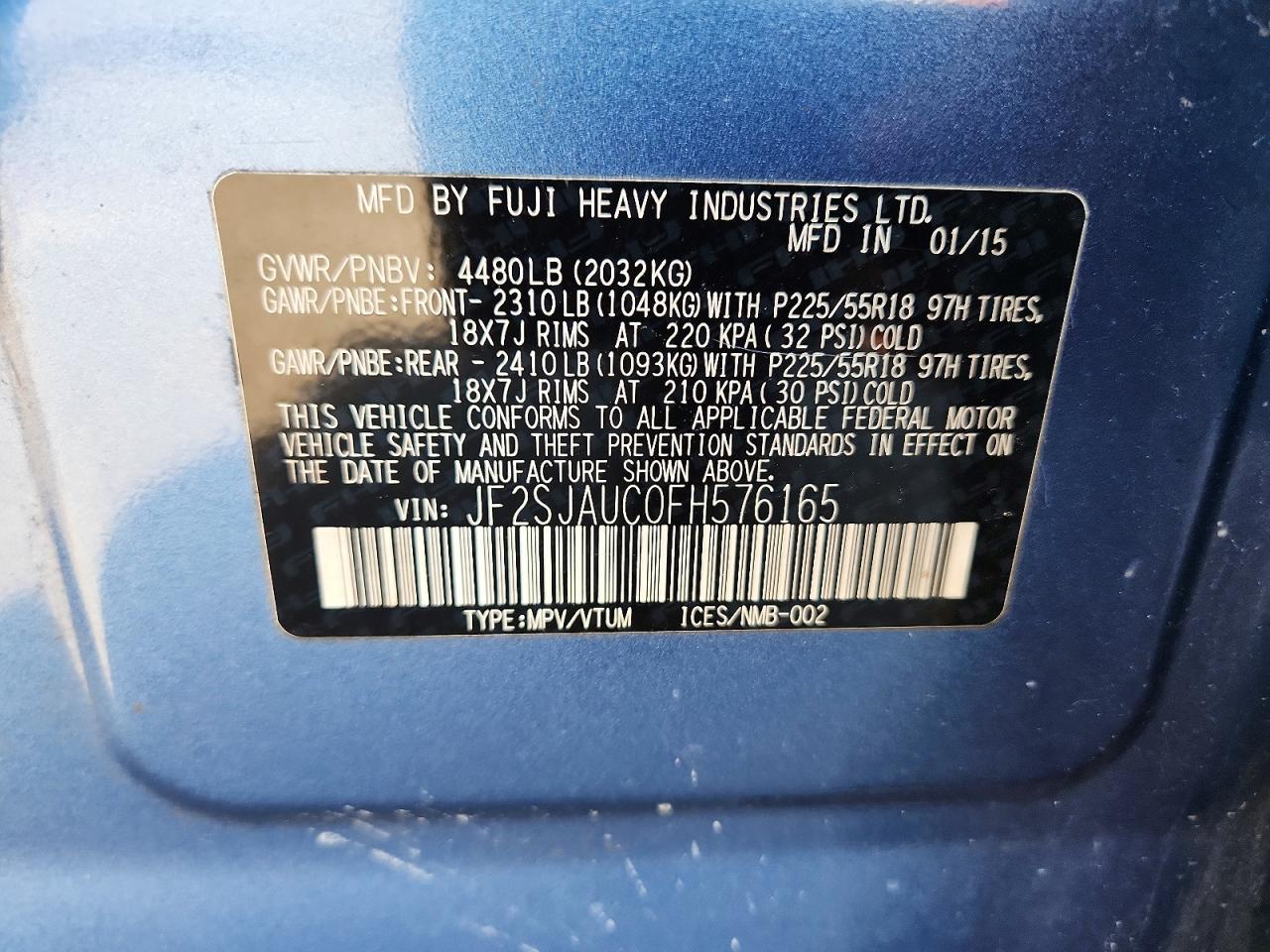 2015 Subaru Forester 2.5i Touring Blue vin: JF2SJAUC0FH576165