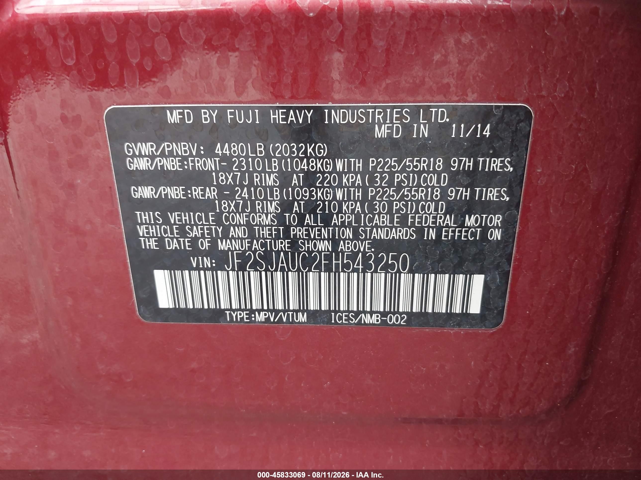 2015 Subaru Forester 2.5i Touring Red vin: JF2SJAUC2FH543250