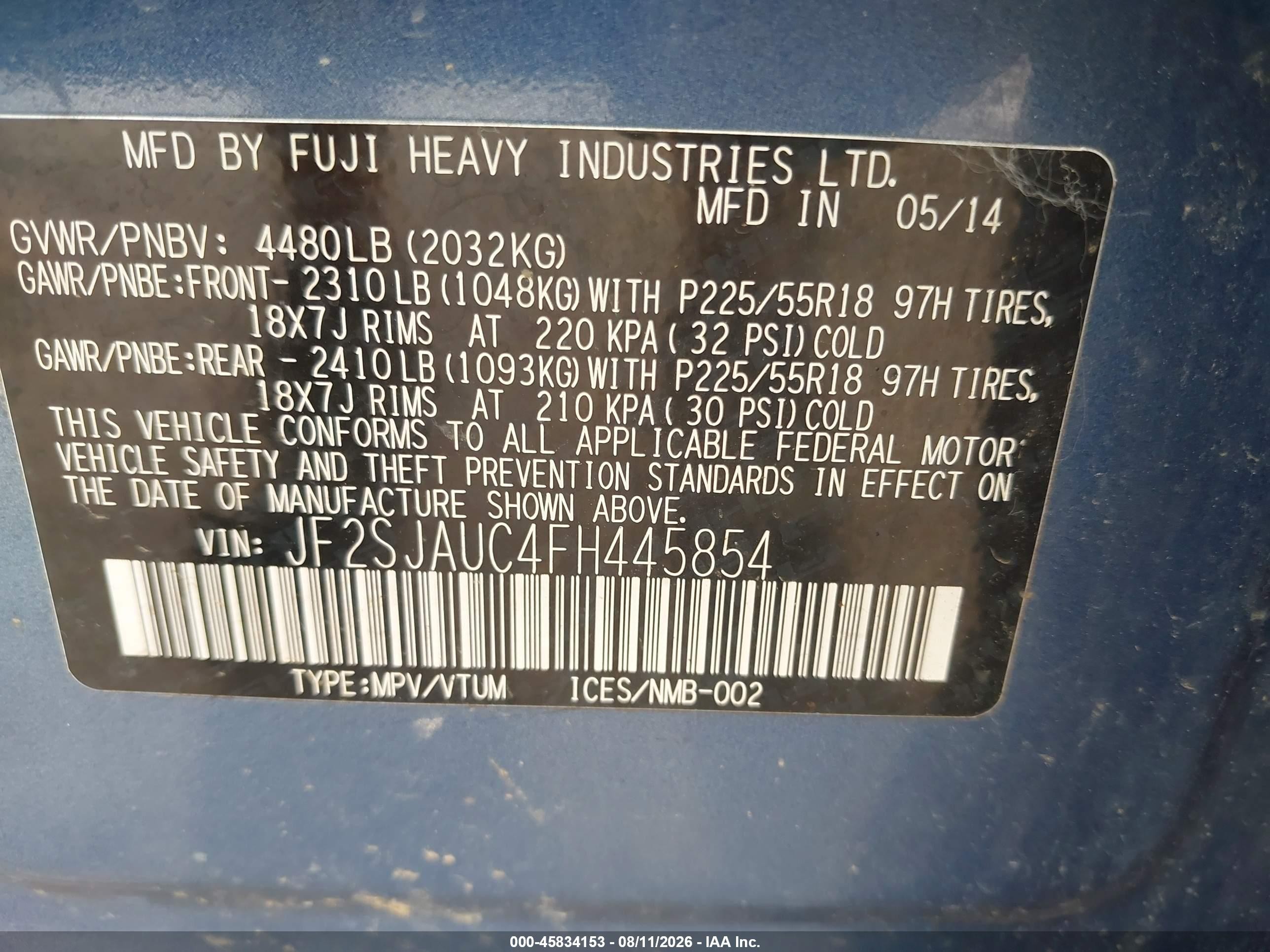 2015 Subaru Forester 2.5i Touring Blue vin: JF2SJAUC4FH445854