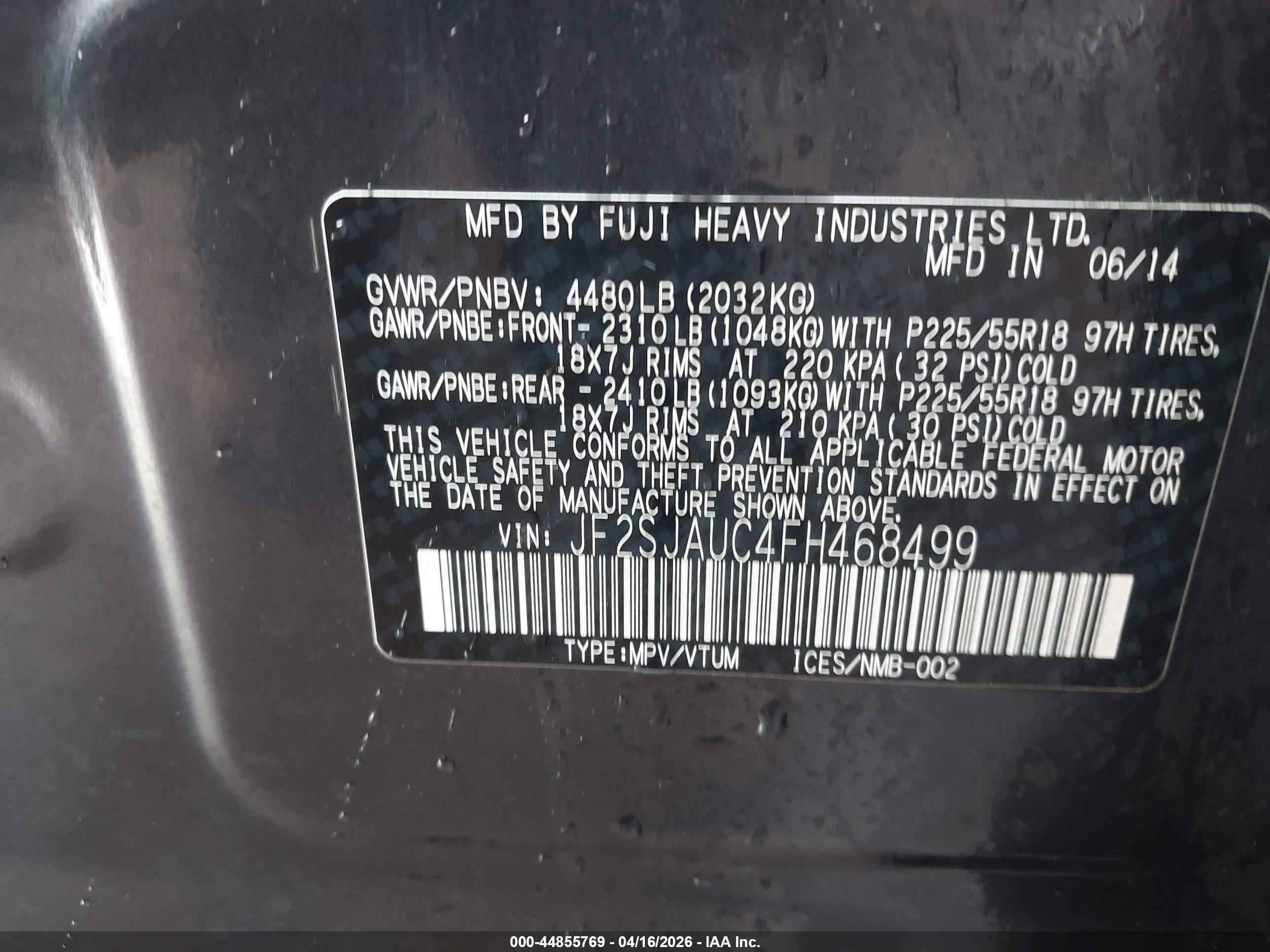 2015 Subaru Forester 2.5i Touring Blue vin: JF2SJAUC4FH468499