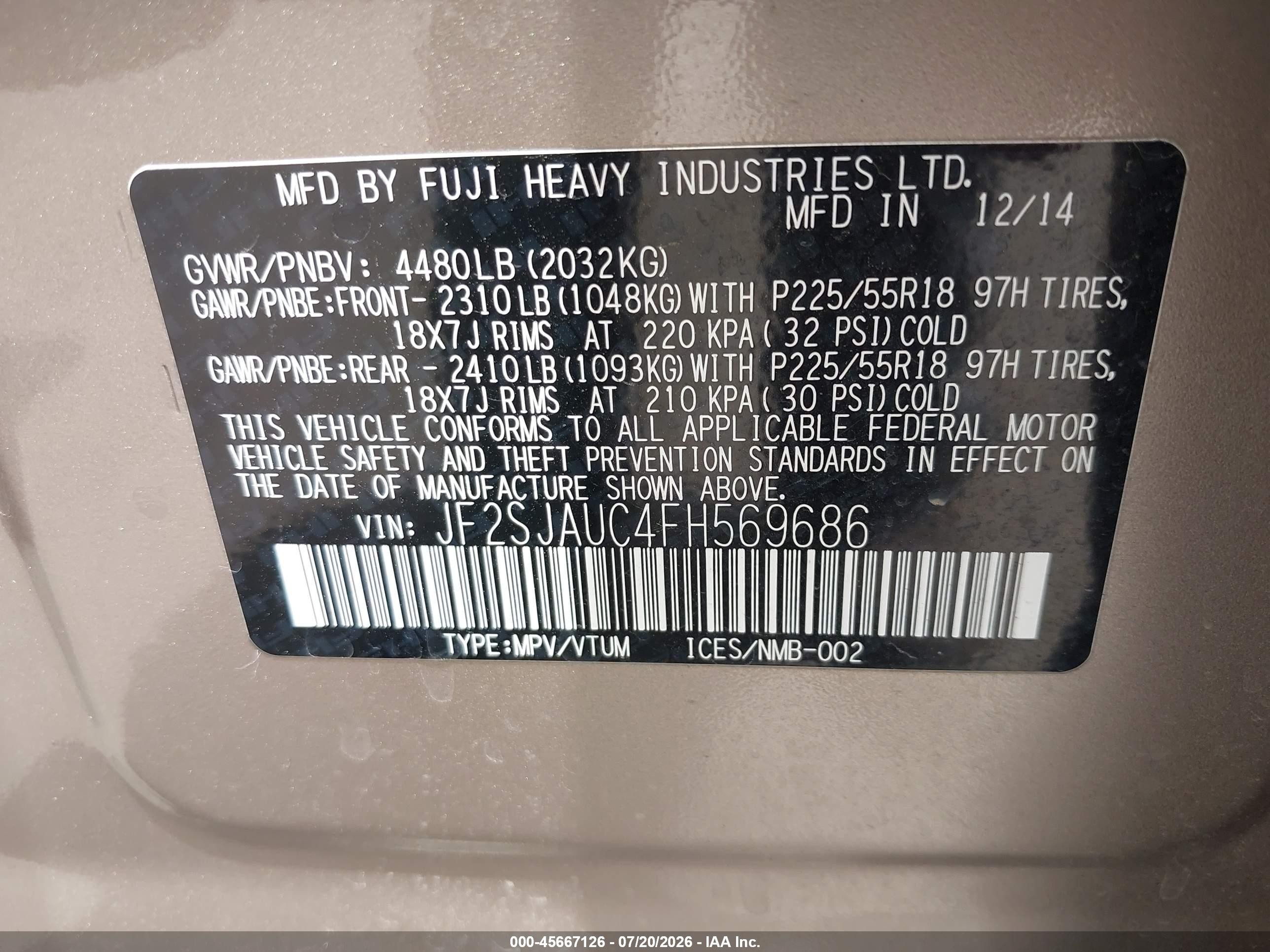 2015 Subaru Forester 2.5i Touring Tan vin: JF2SJAUC4FH569686