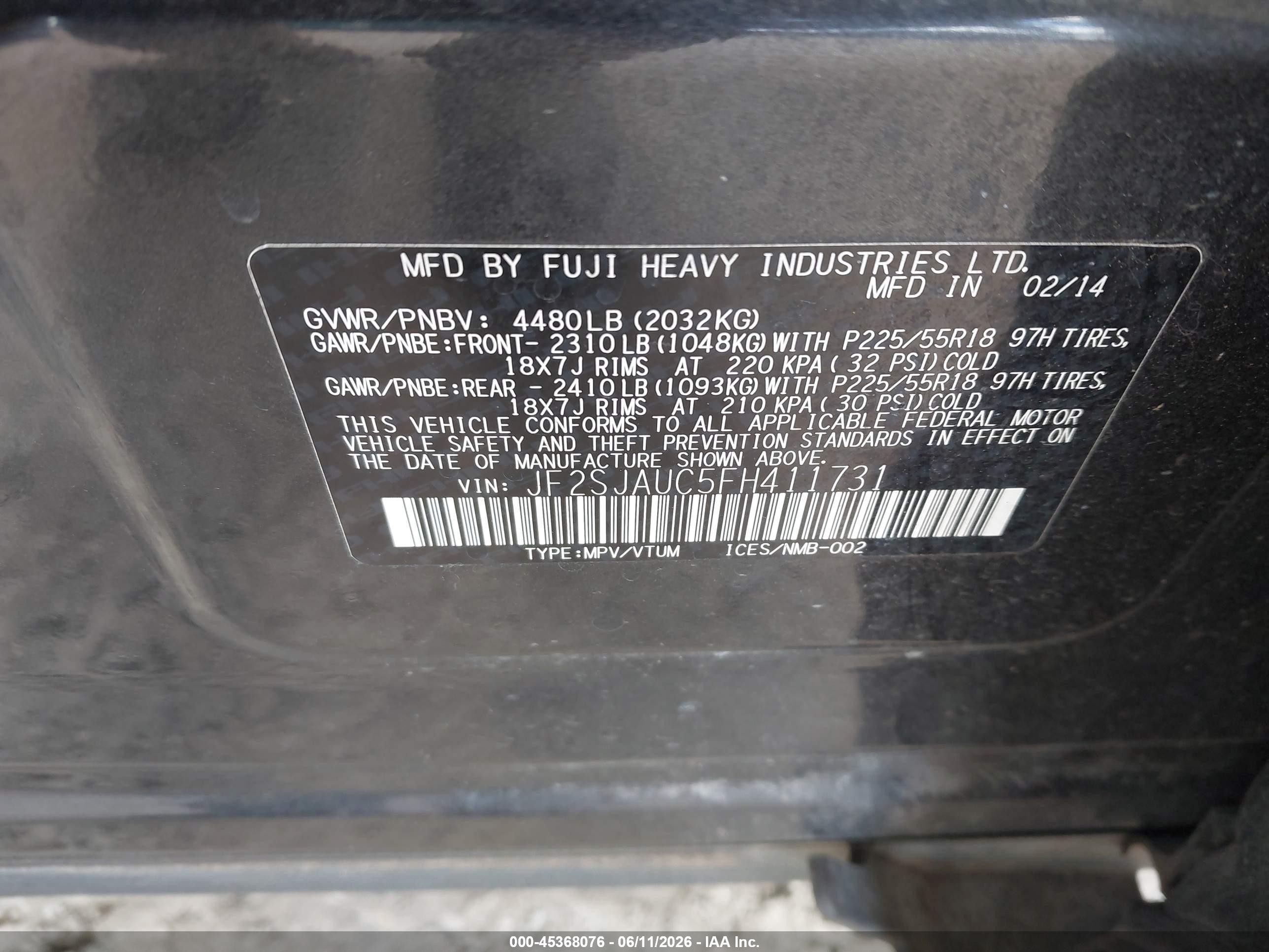 2015 Subaru Forester 2.5i Touring Gray vin: JF2SJAUC5FH411731