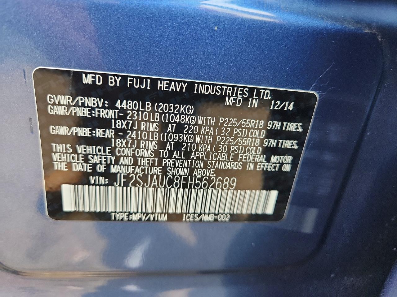 2015 Subaru Forester 2.5i Touring Blue vin: JF2SJAUC8FH562689