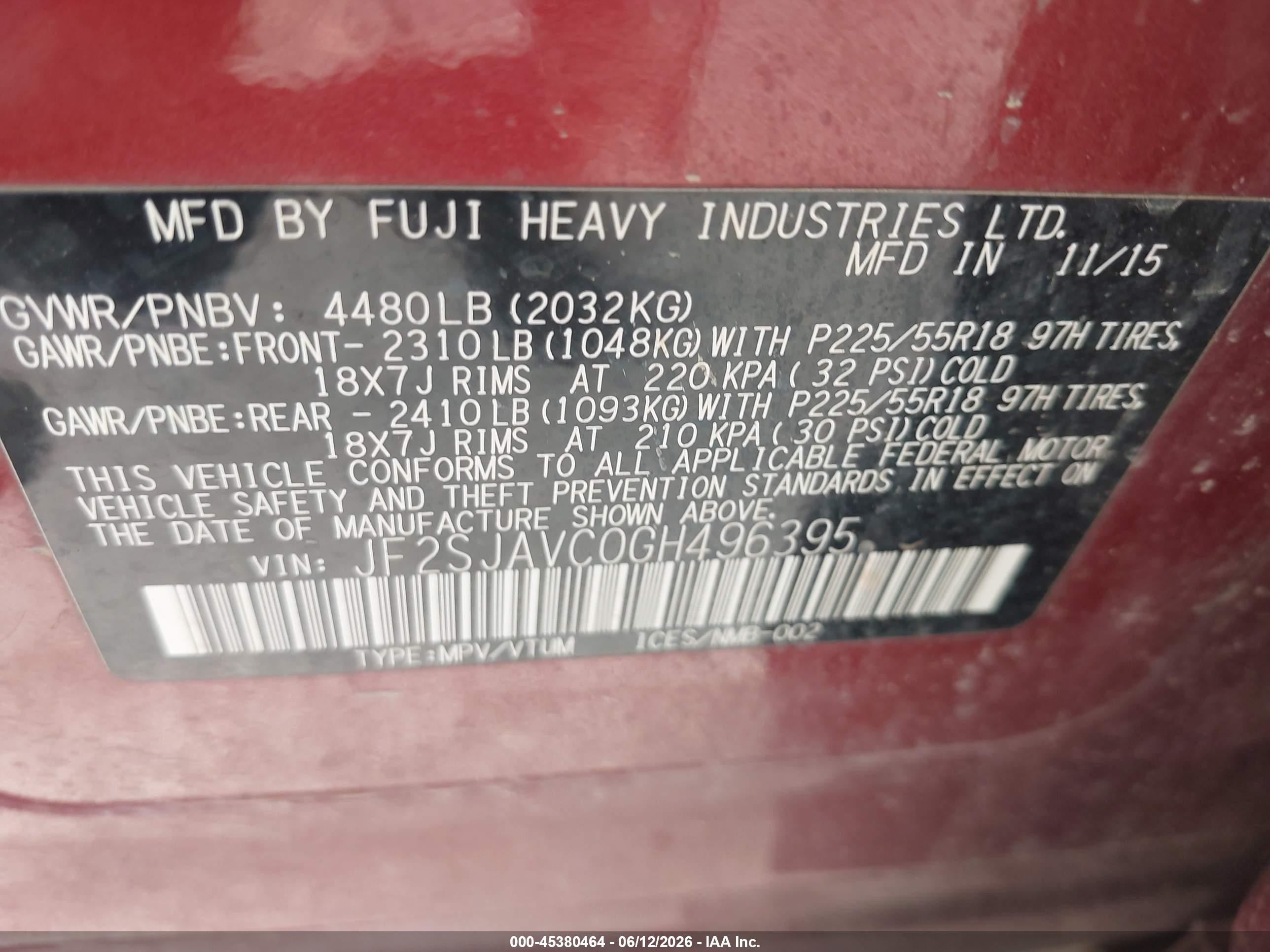 2016 Subaru Forester 2.5i Touring Maroon vin: JF2SJAVC0GH496395