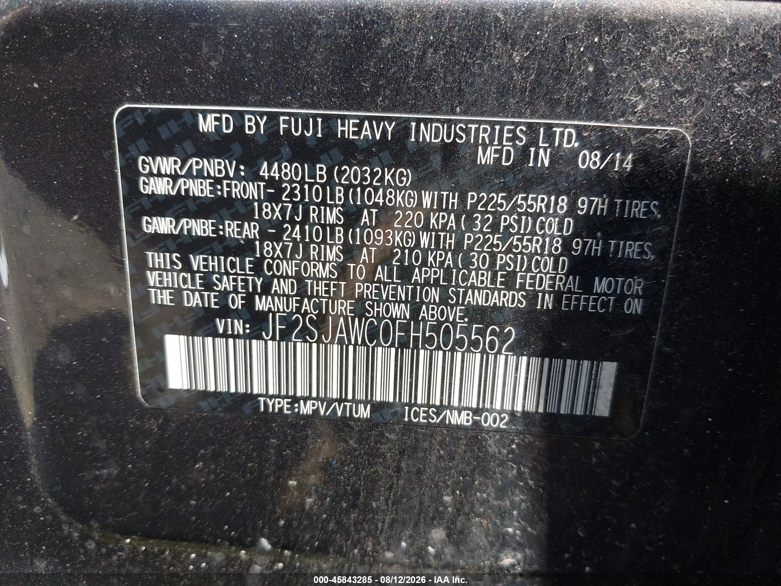 2015 Subaru Forester 2.5i Touring Черный vin: JF2SJAWC0FH505562