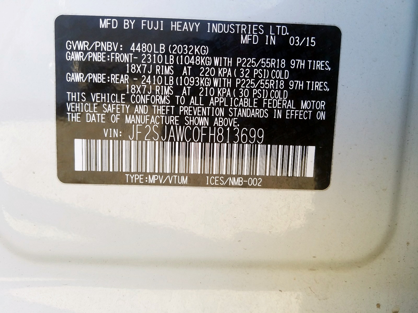 2015 Subaru Forester 2.5i Touring White vin: JF2SJAWC0FH813699