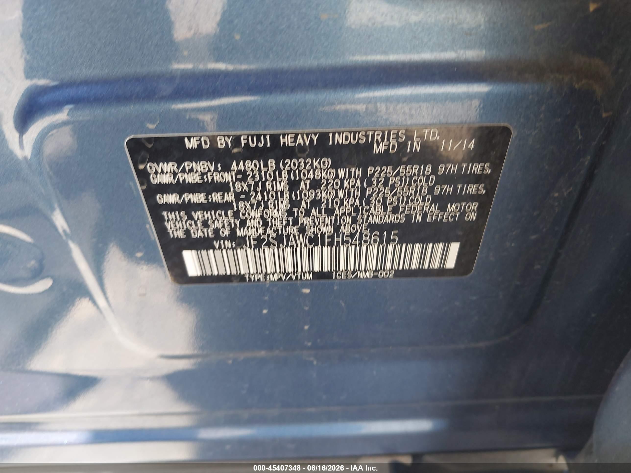 2015 Subaru Forester 2.5i Touring Blue vin: JF2SJAWC1FH548615