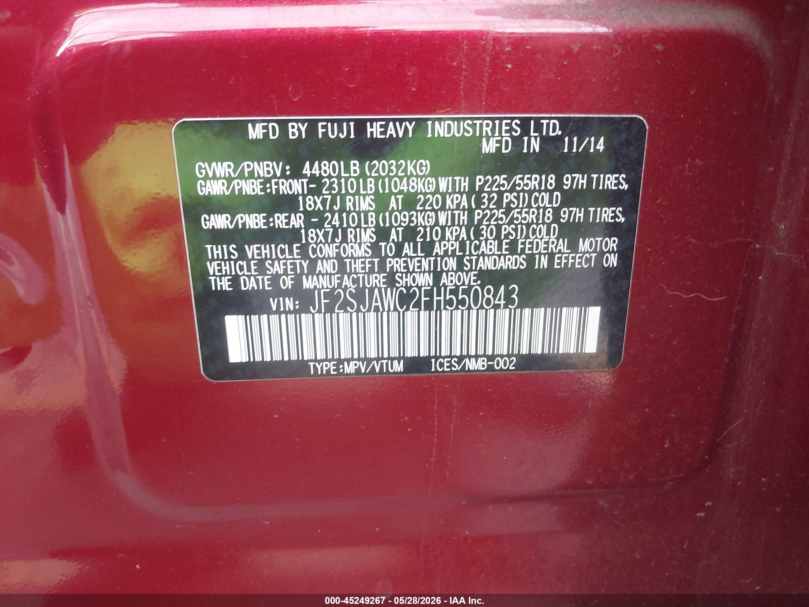 2015 Subaru Forester 2.5i Touring Red vin: JF2SJAWC2FH550843