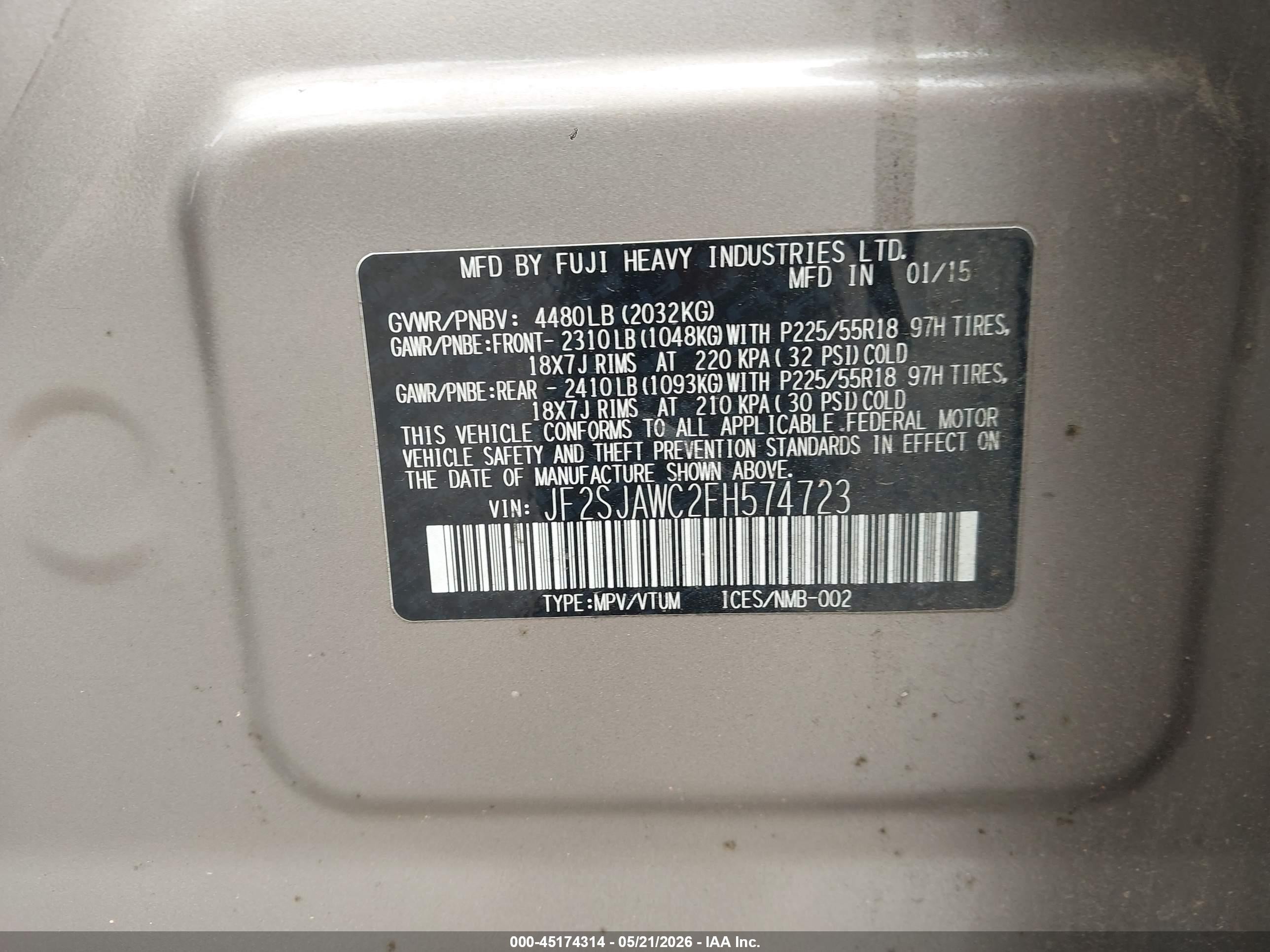 2015 Subaru Forester 2.5i Touring Champagne vin: JF2SJAWC2FH574723