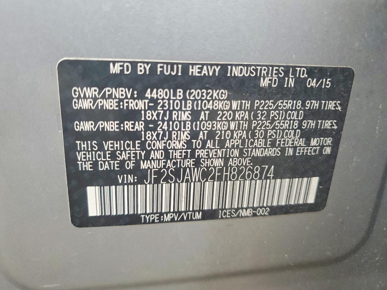 2015 Subaru Forester 2.5i Touring Серебряный vin: JF2SJAWC2FH826874