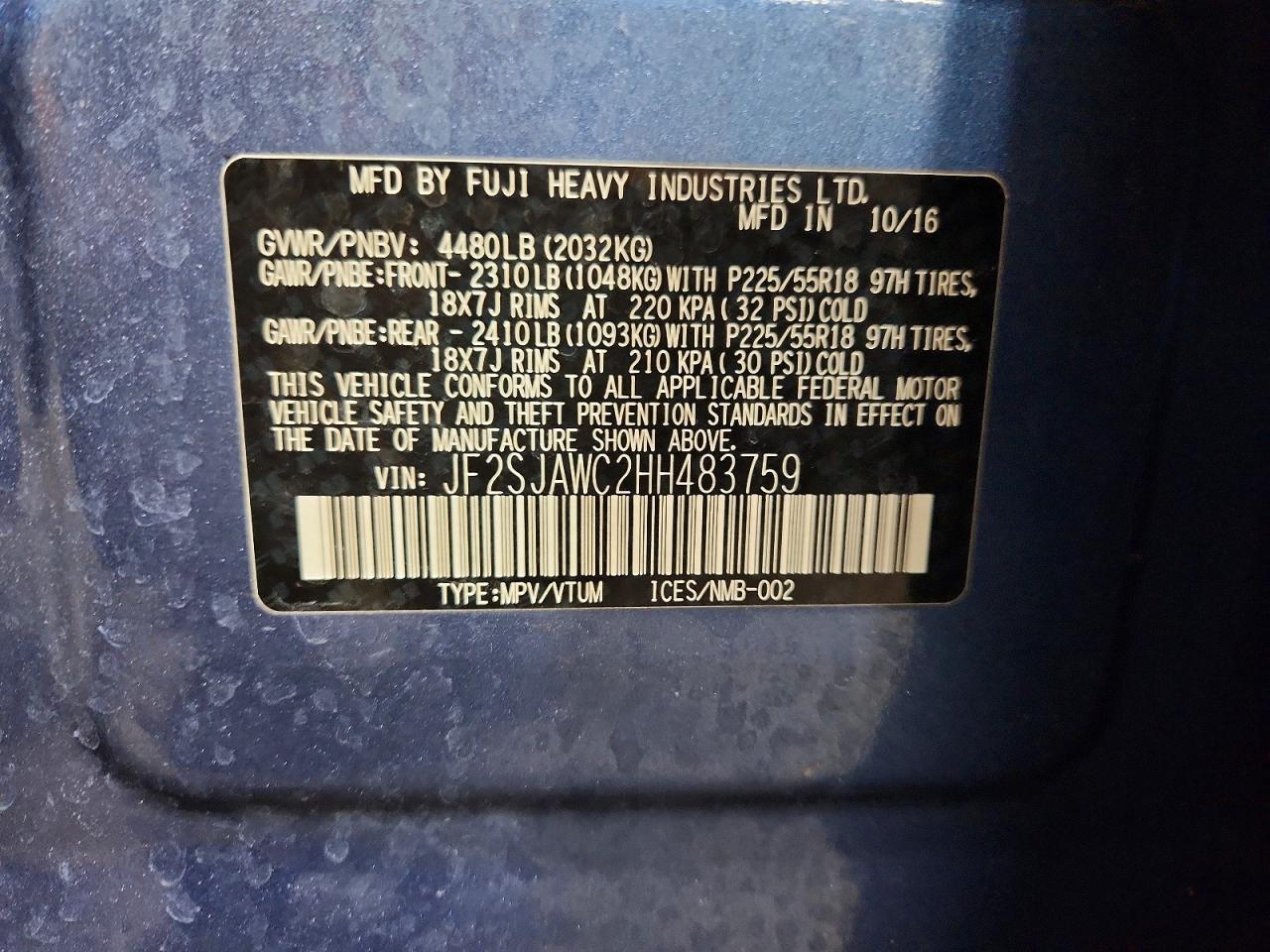 2017 Subaru Forester 2.5i Touring Blue vin: JF2SJAWC2HH483759