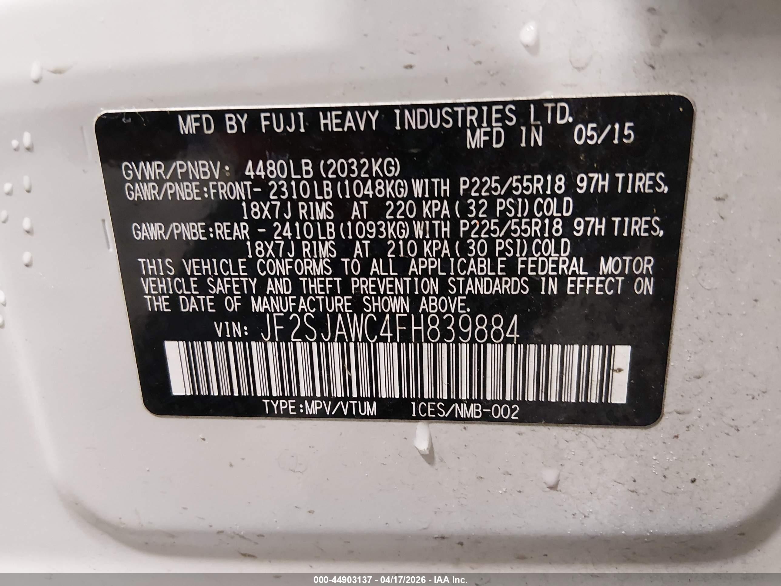2015 Subaru Forester 2.5i Touring Белый vin: JF2SJAWC4FH839884