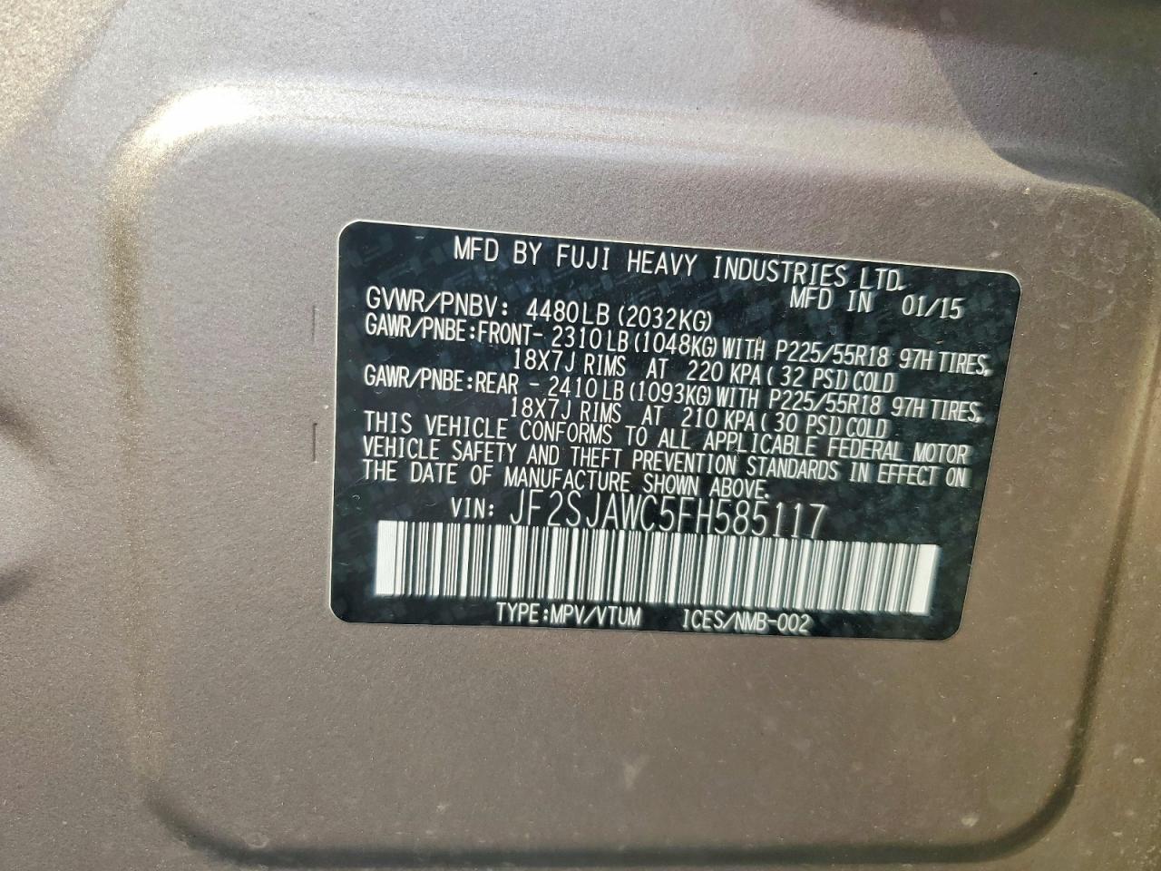 2015 Subaru Forester 2.5i Touring Tan vin: JF2SJAWC5FH585117