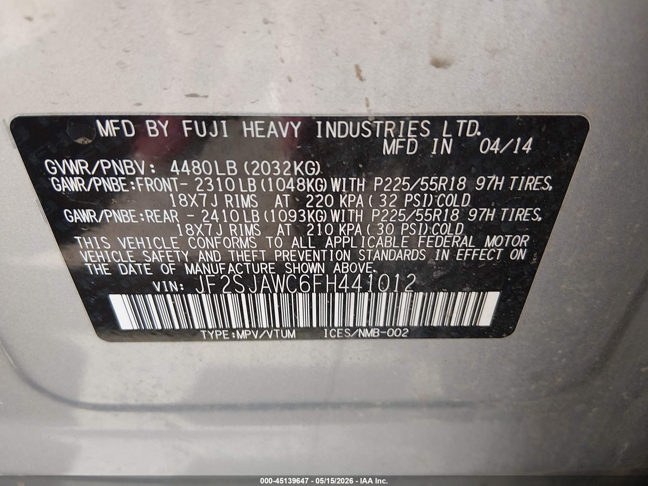 2015 Subaru Forester 2.5i Touring Silver vin: JF2SJAWC6FH441012