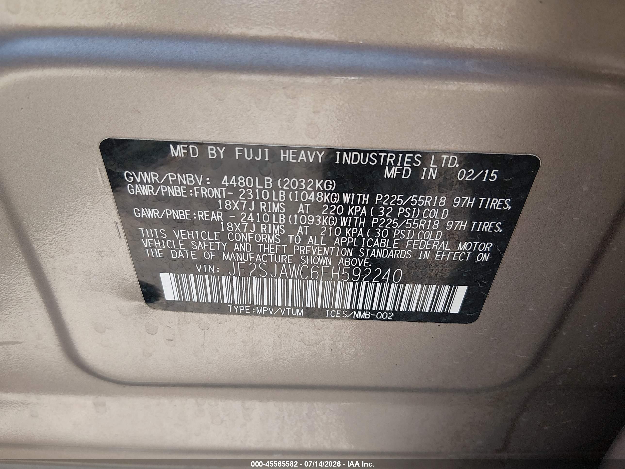 2015 Subaru Forester 2.5i Touring Gold vin: JF2SJAWC6FH592240