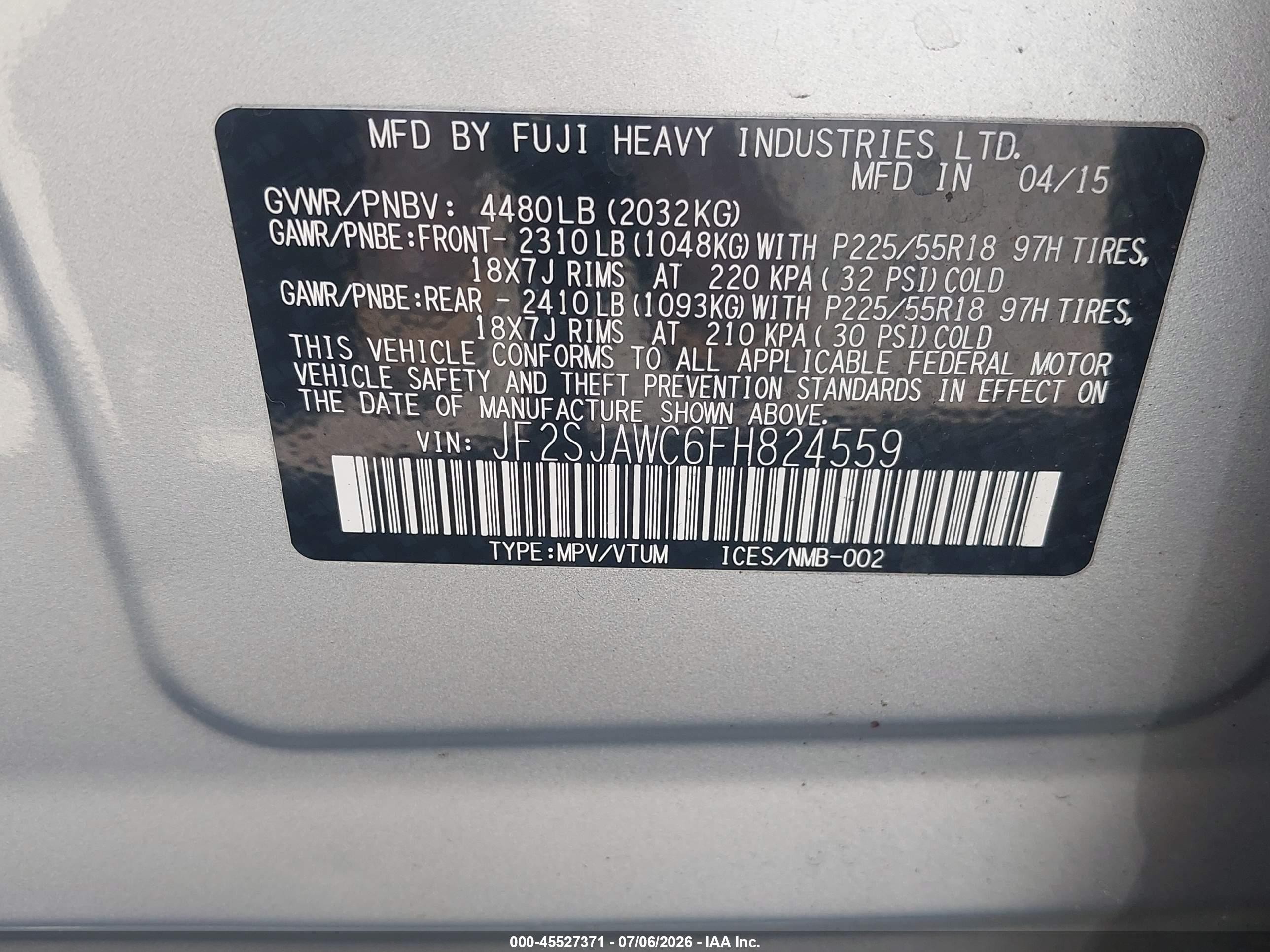 2015 Subaru Forester 2.5i Touring Silver vin: JF2SJAWC6FH824559