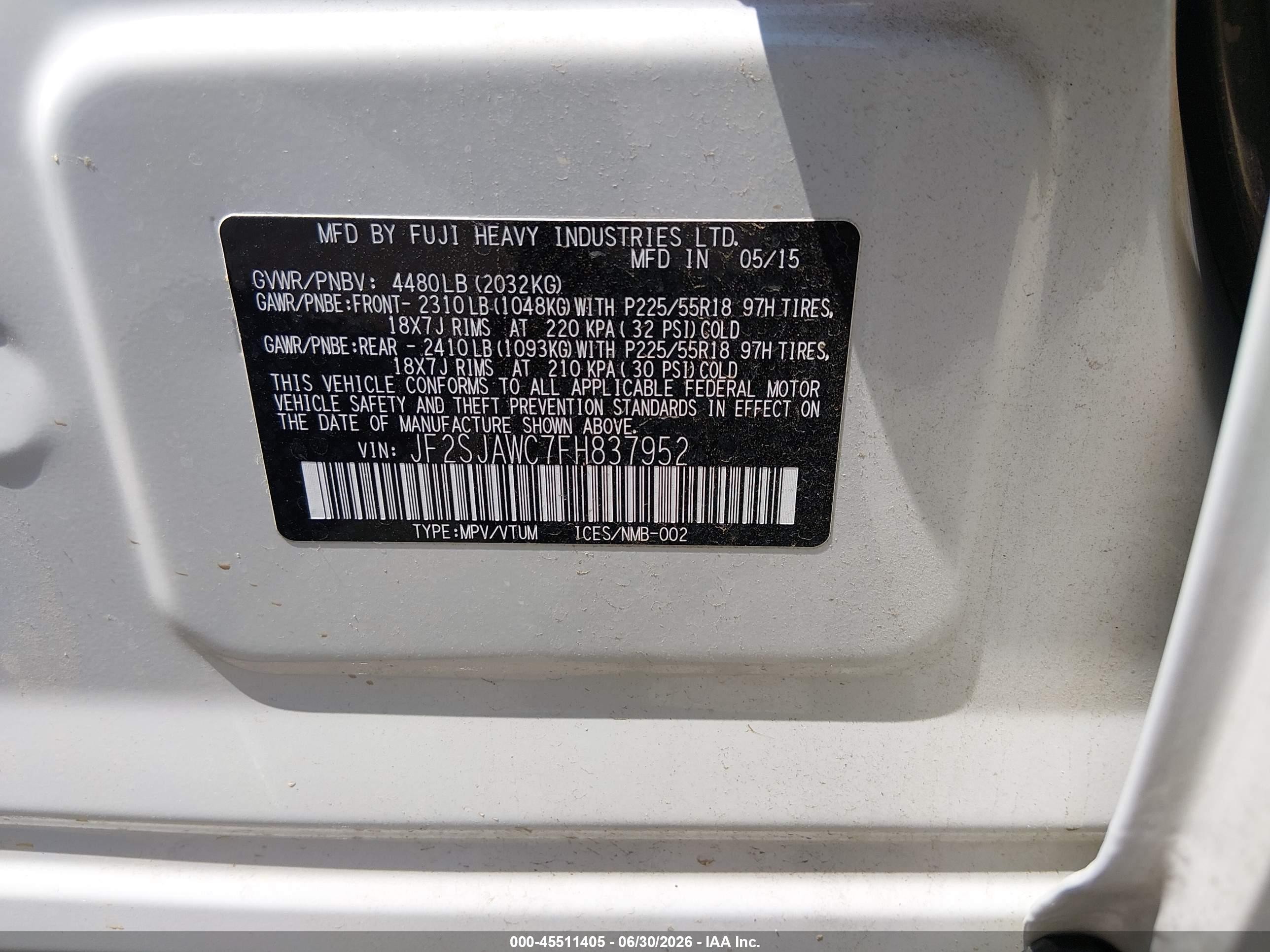 2015 Subaru Forester 2.5i Touring White vin: JF2SJAWC7FH837952