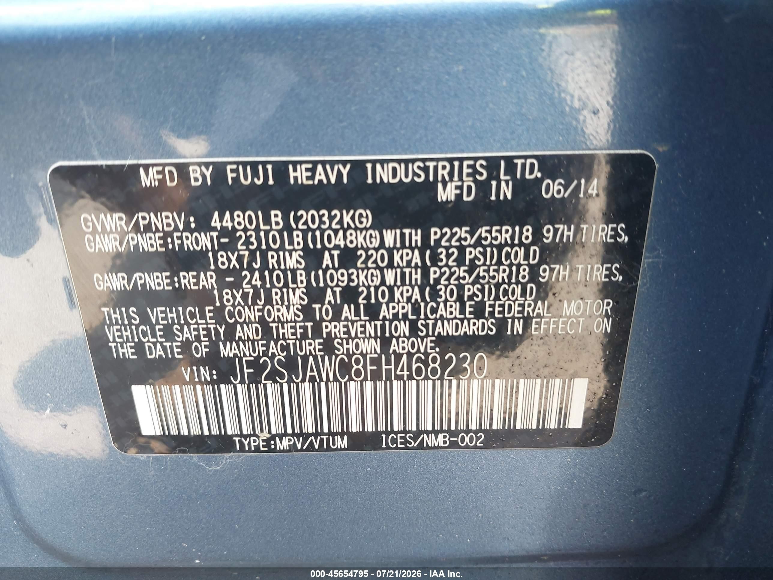 2015 Subaru Forester 2.5i Touring Blue vin: JF2SJAWC8FH468230