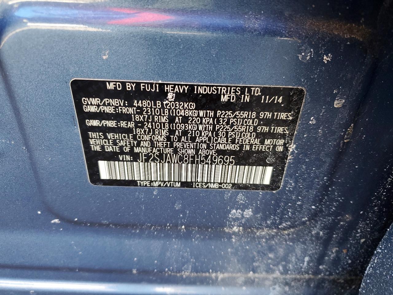 2015 Subaru Forester 2.5i Touring Blue vin: JF2SJAWC8FH549695