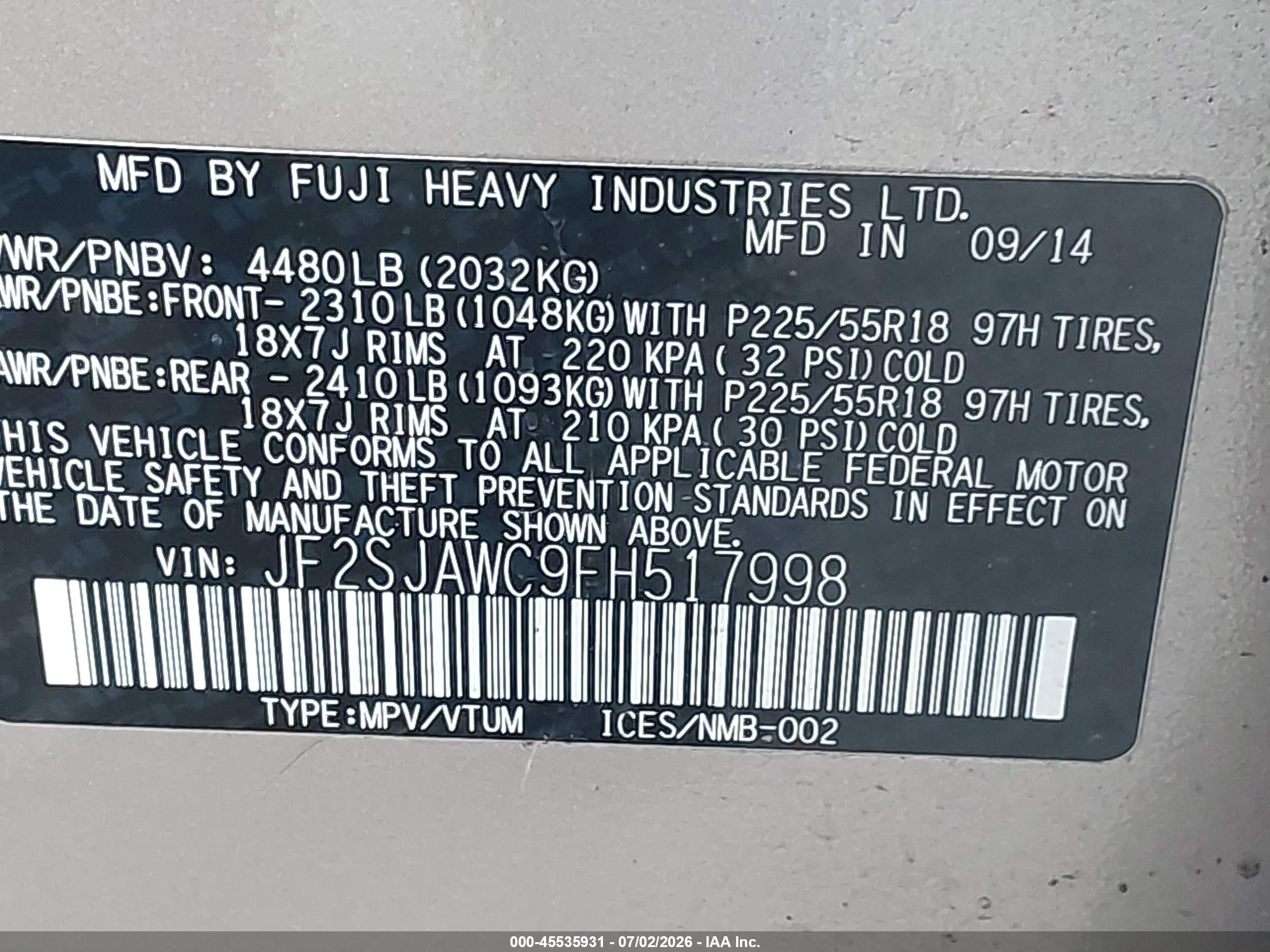 2015 Subaru Forester 2.5i Touring Champagne vin: JF2SJAWC9FH517998
