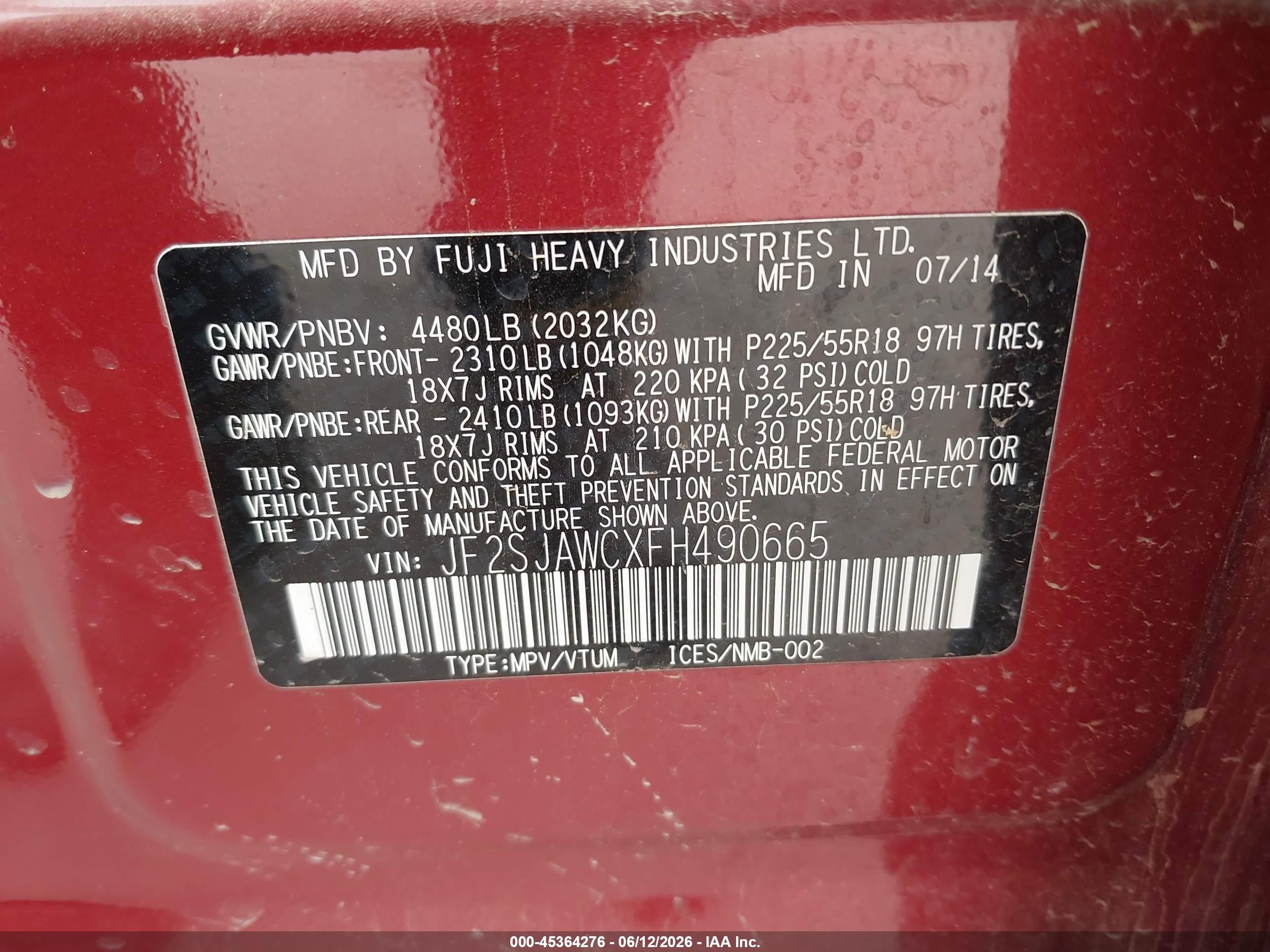 2015 Subaru Forester 2.5i Touring Maroon vin: JF2SJAWCXFH490665