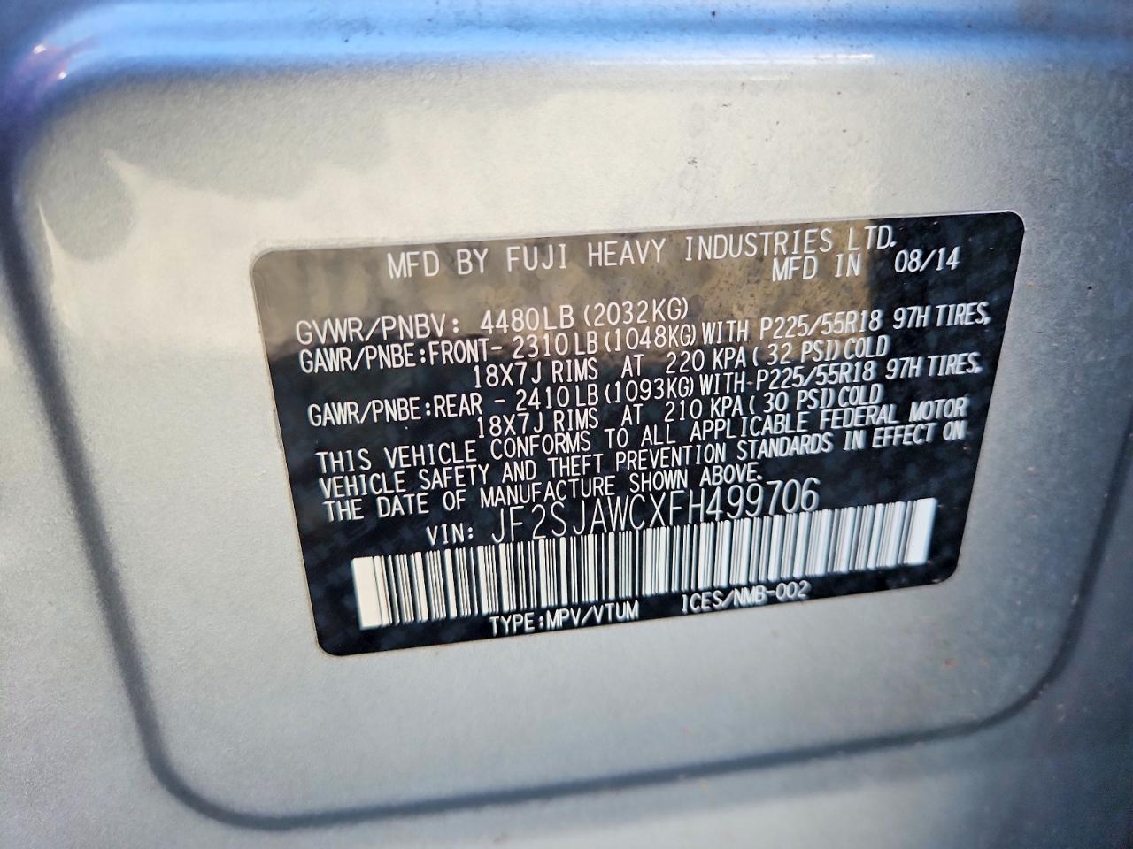 2015 Subaru Forester 2.5i Touring Silver vin: JF2SJAWCXFH499706