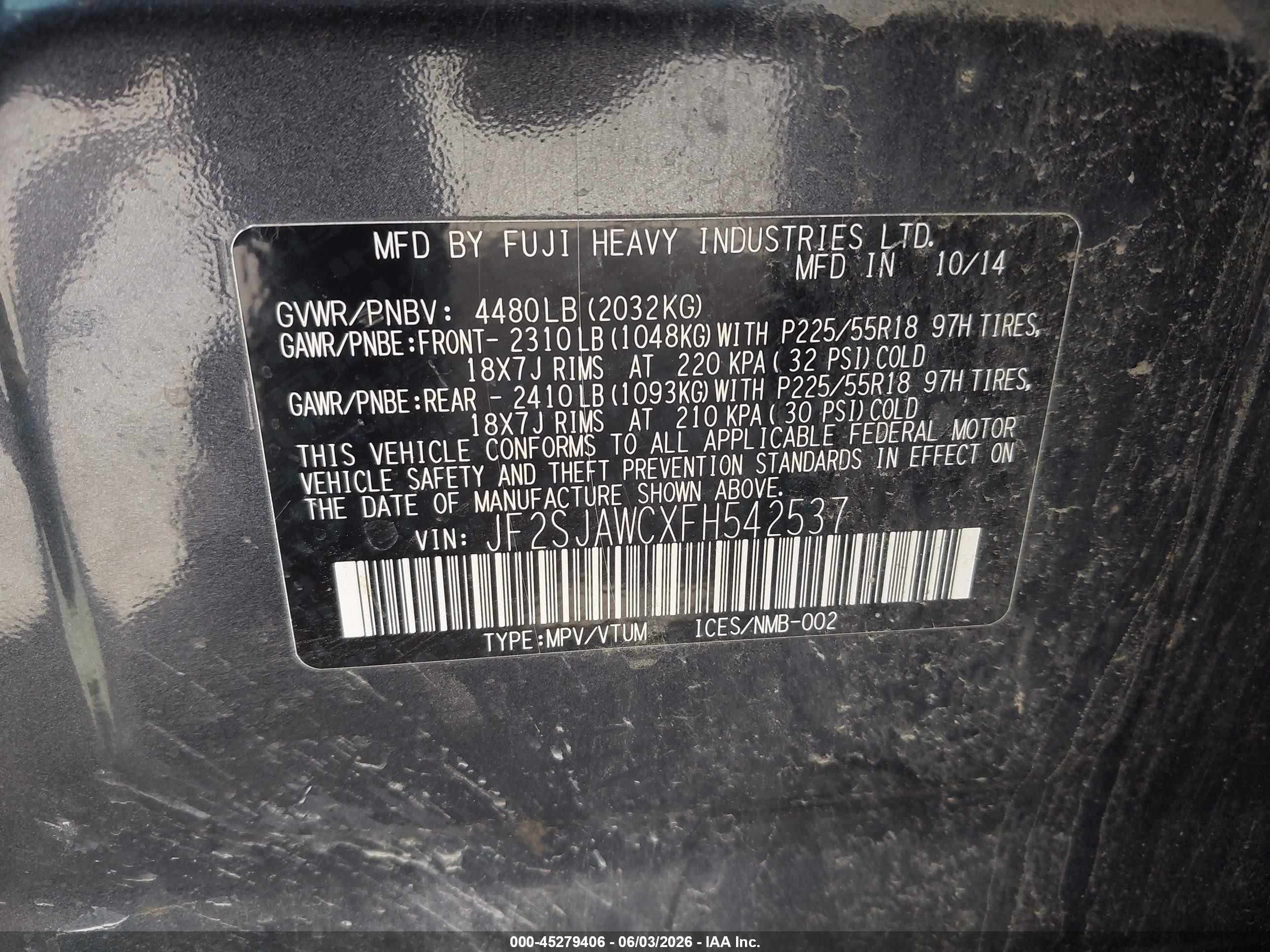 2015 Subaru Forester 2.5i Touring Gray vin: JF2SJAWCXFH542537