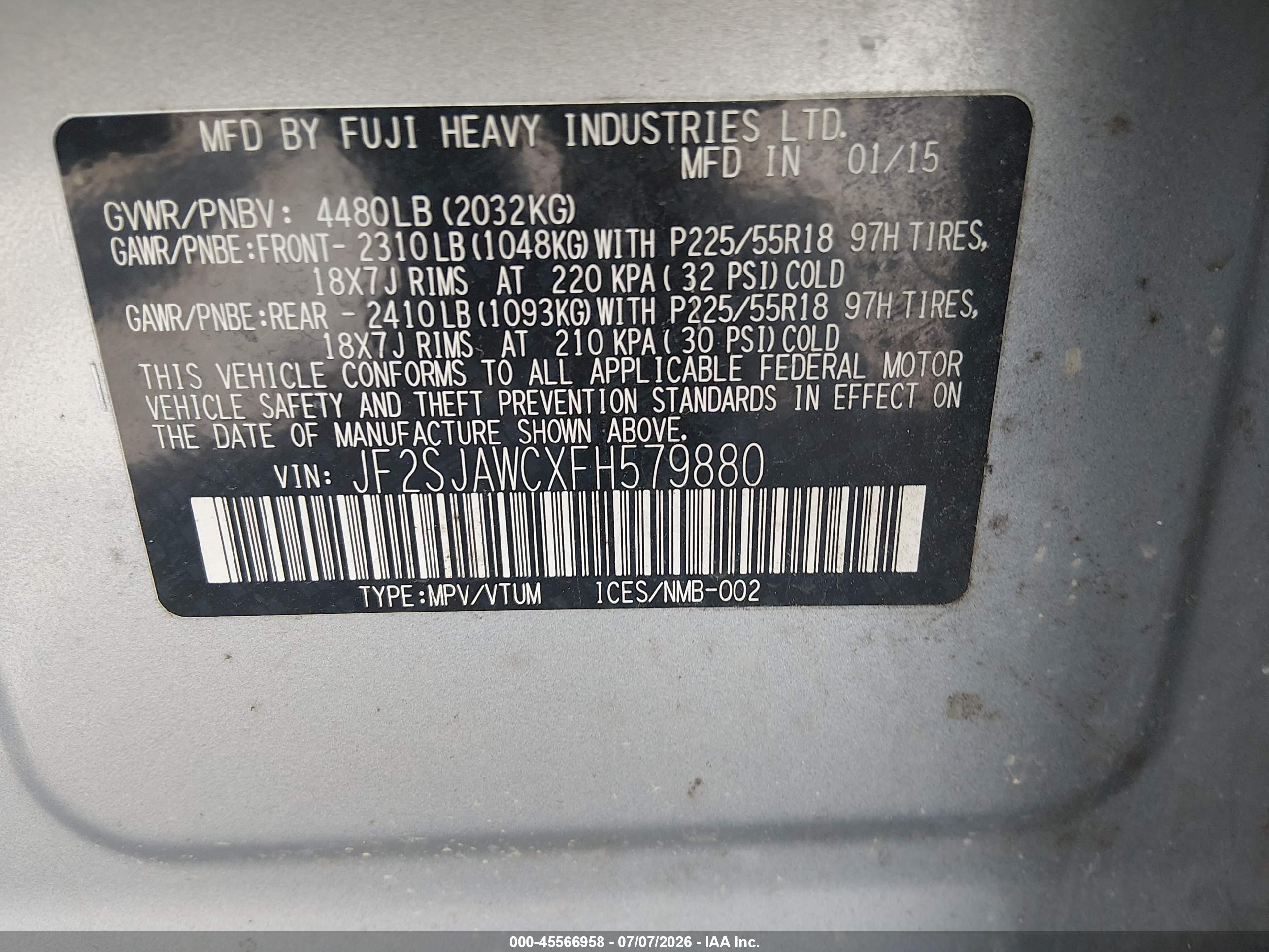 2015 Subaru Forester 2.5i Touring Silver vin: JF2SJAWCXFH579880