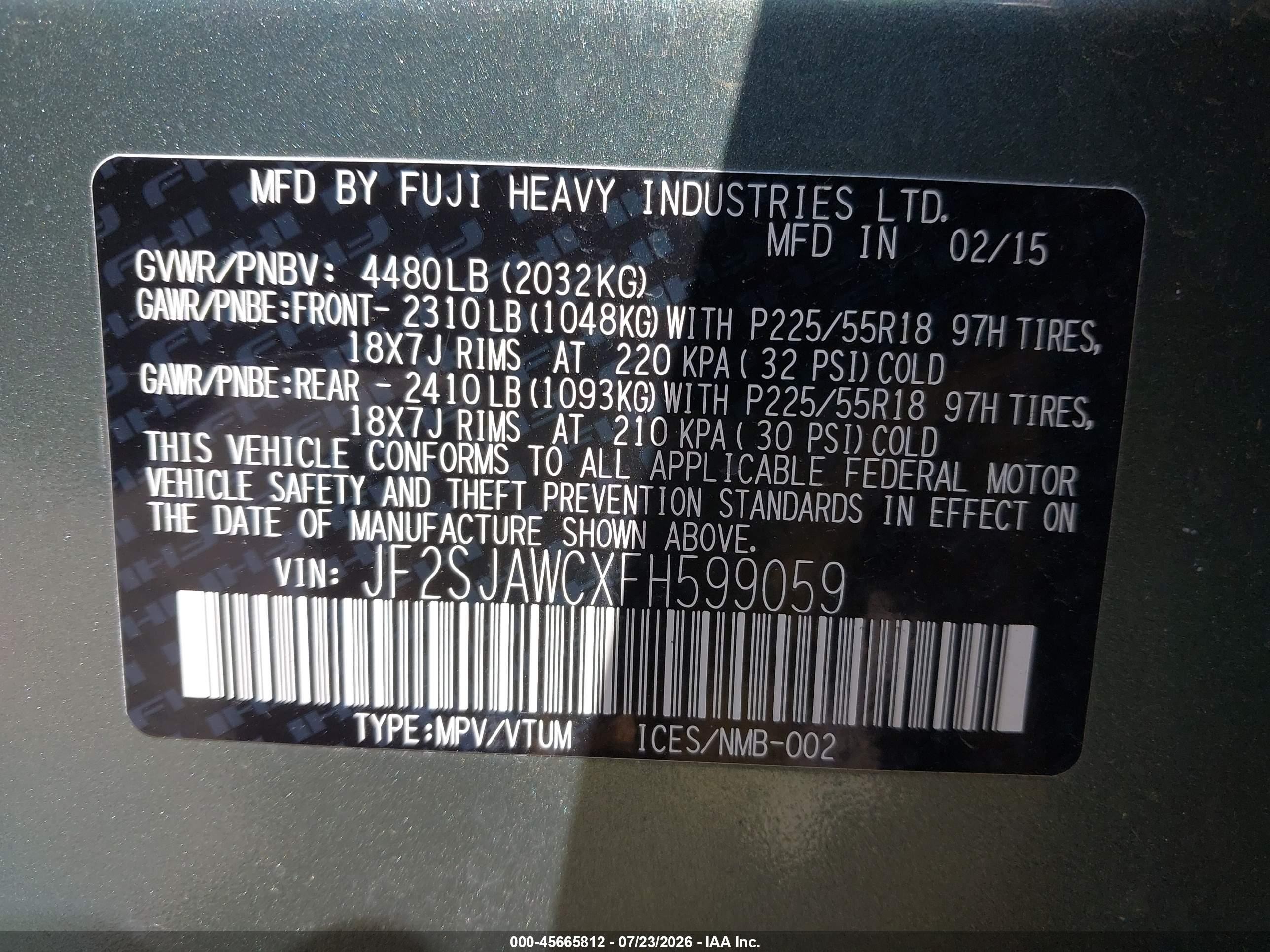 2015 Subaru Forester 2.5i Touring Green vin: JF2SJAWCXFH599059