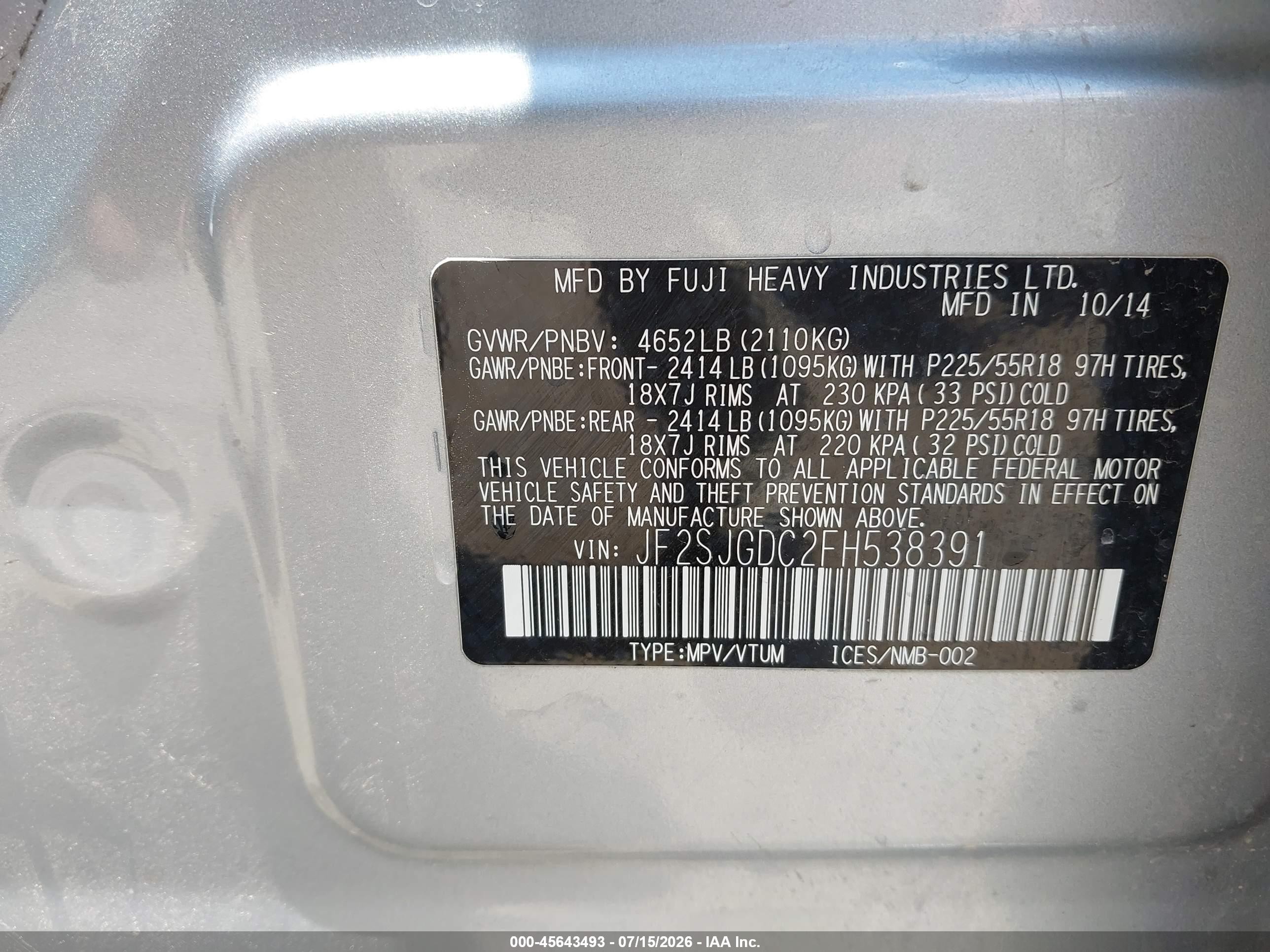 2015 Subaru Forester 2.0xt Premium Silver vin: JF2SJGDC2FH538391
