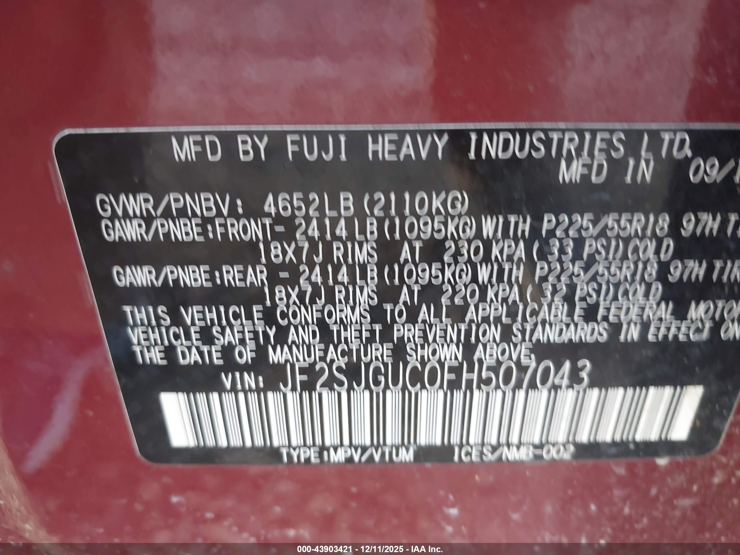 2015 Subaru Forester 2.0xt Touring Burgundy vin: JF2SJGUC0FH507043