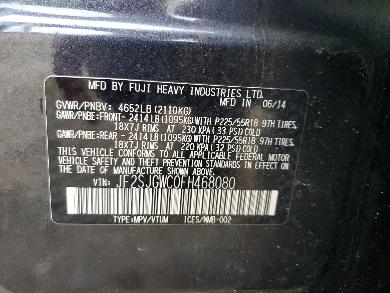 2015 Subaru Forester 2.0xt Touring Угольный vin: JF2SJGWC0FH468080